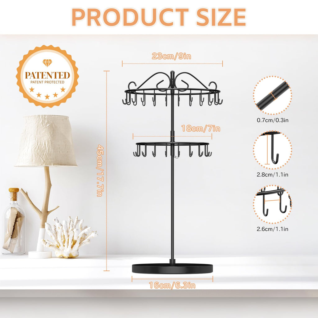 iDavosic.ly 2 Tier Rotating Necklace Organizer with Jewelry Tray, Adjustable Metal Necklace Holder with 42 Hooks, Extra Tall Bracelet Keychain Spinning Display Stand Tree Tower for Women, Black