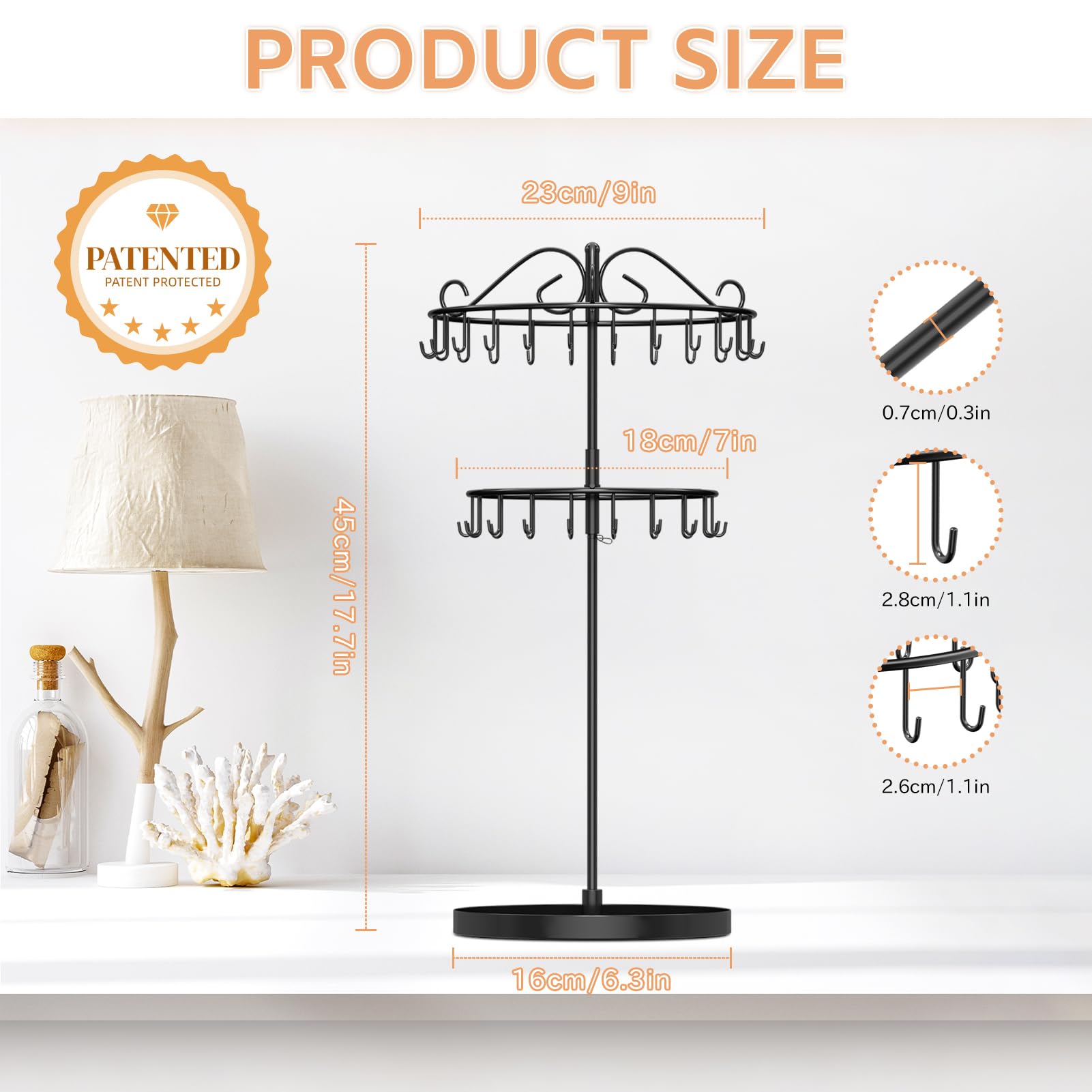 iDavosic.ly 2 Tier Rotating Necklace Organizer with Jewelry Tray, Adjustable Metal Necklace Holder with 42 Hooks, Extra Tall Bracelet Keychain Spinning Display Stand Tree Tower for Women, Black