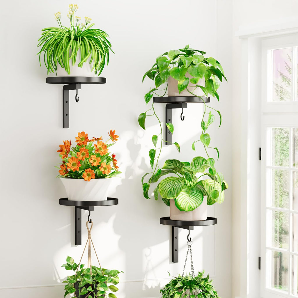 iDavosic.ly Wall Plant Holder Set of 4 for Indoor Outdoor, Metal Hanger with 4 Hooks, Floating Flower Display Stand for Window, Space Saving & Easy to Assemble (Pots/Chains/Plants Not Included)