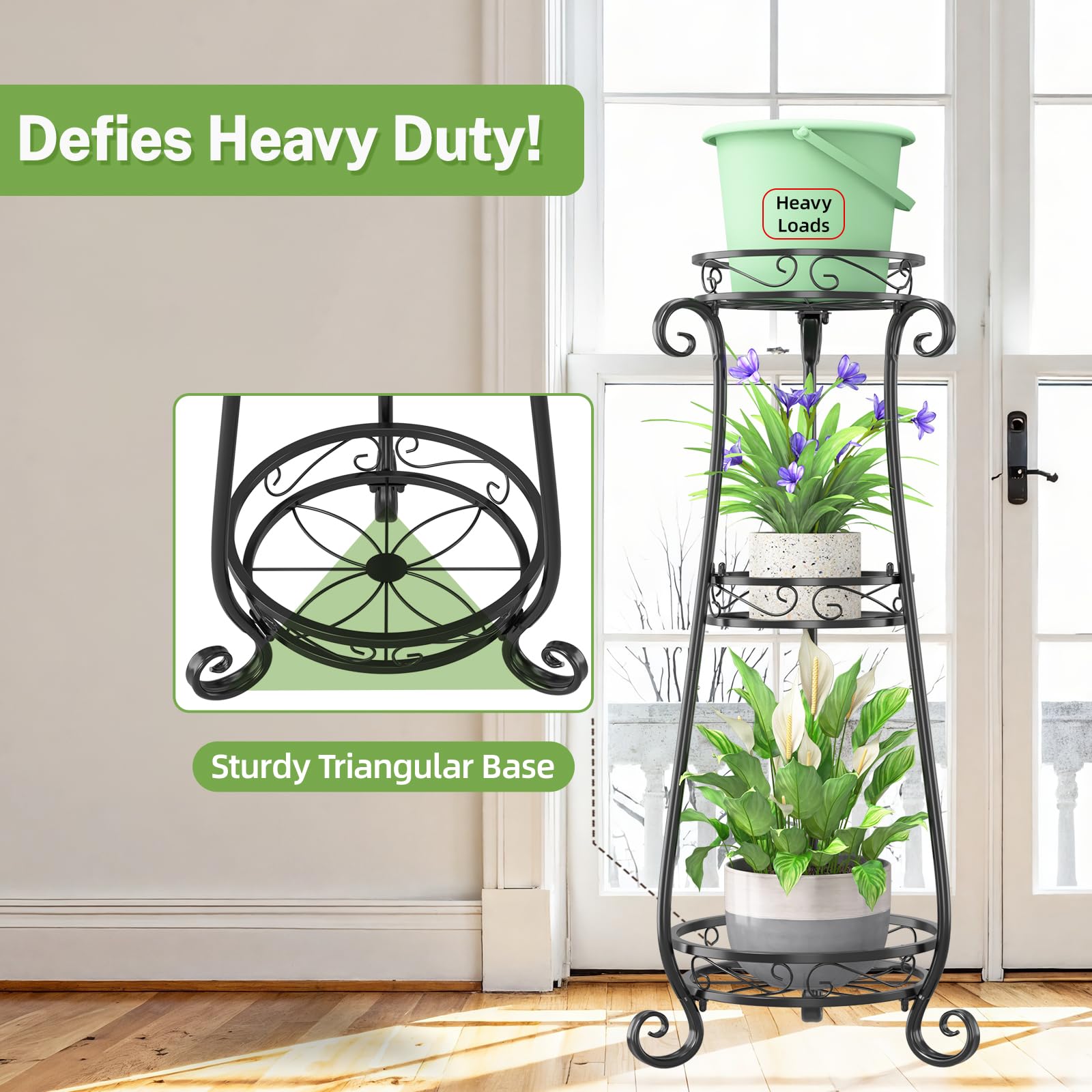 iDavosic.ly Metal Plant Stand for Indoor Outdoor Set of 2, 6 Tier Large Foldable Iron Carving Flower Pot Holder Shelf and 3 Layer Tall Vertical Display Rack for Patio Porch Living Room Garden, Black
