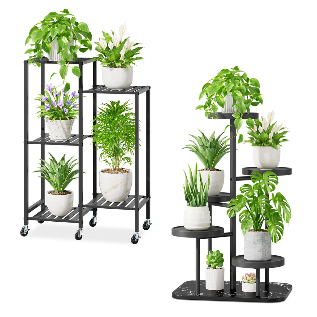 iDavosic.ly 5 Tier Plant Stand for Indoor Outdoor 2 Pack, Flower Holder Shelf with Wheels and Metal Plastic Tall Orchid Display Rack for Patio Porch Living Room Garden Balcony, Black