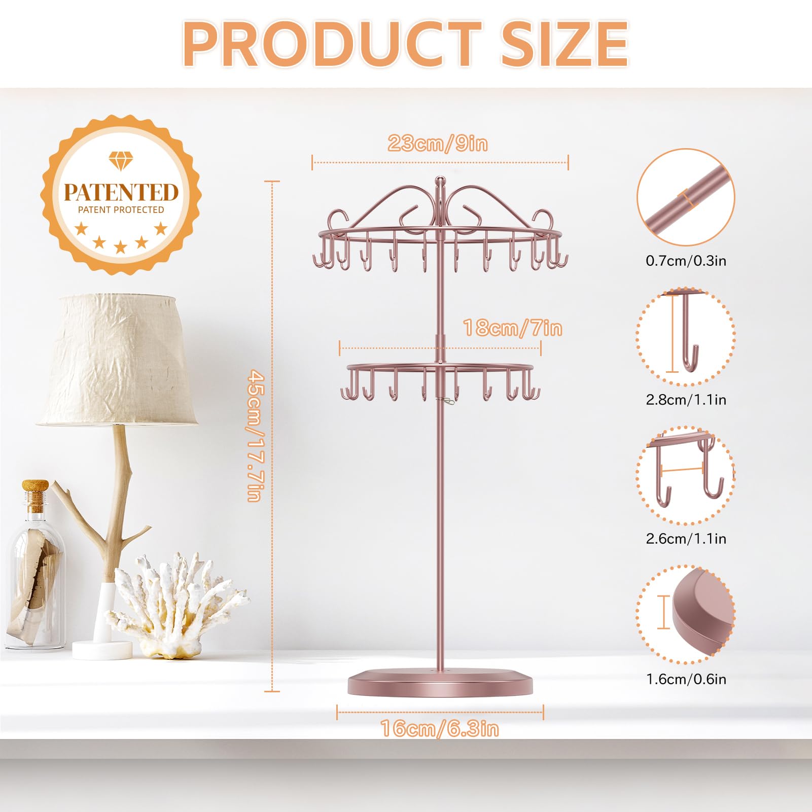 iDavosic.ly 2 Tier Rotating Necklace Holder Organizer with 42 Hooks, Adjustable Metal Bracelet Display Stand Rack, Extra Tall Keychain Spinning Tree Tower for Women, Rose Gold