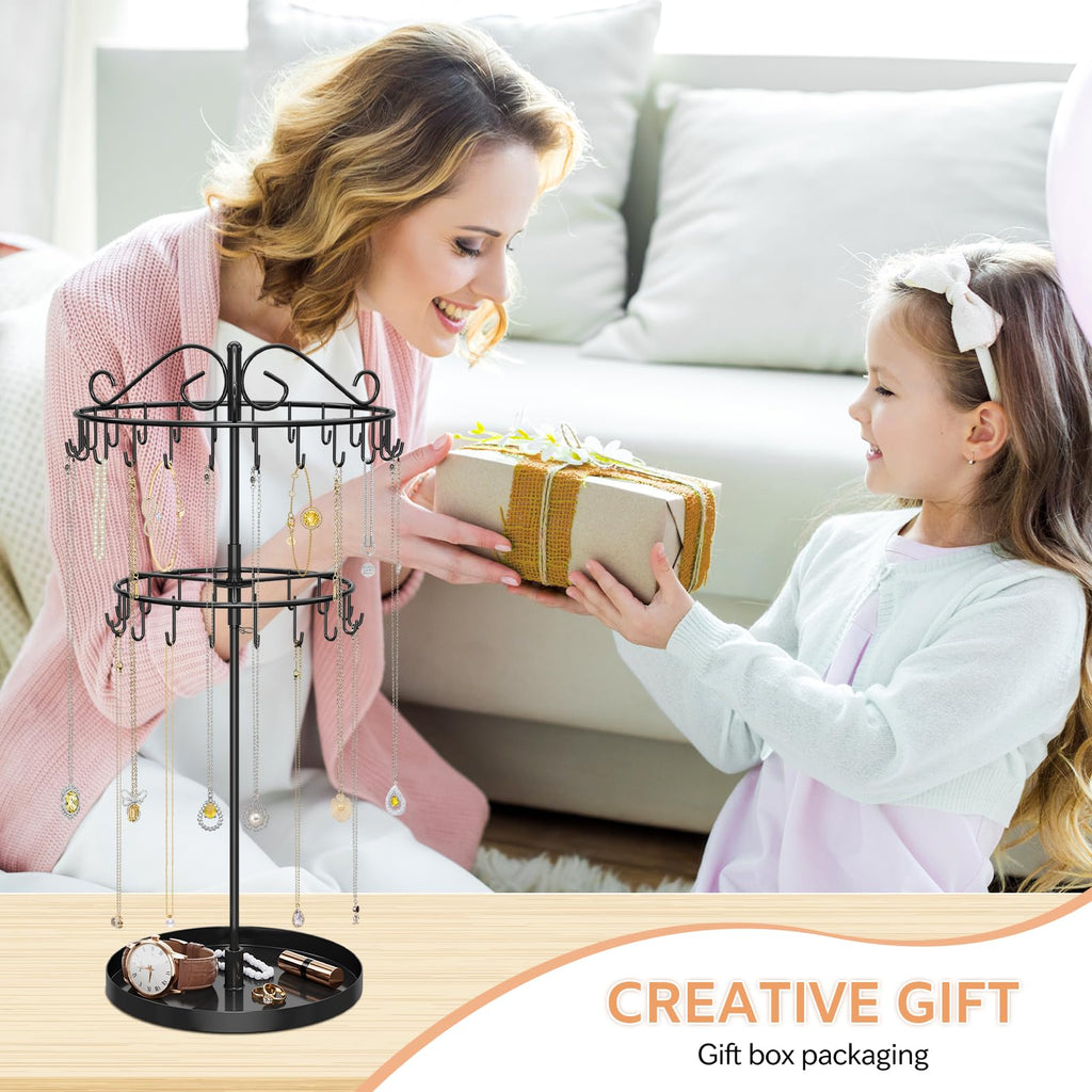 iDavosic.ly 2 Tier Rotating Necklace Organizer with Jewelry Tray, Adjustable Metal Necklace Holder with 42 Hooks, Extra Tall Bracelet Keychain Spinning Display Stand Tree Tower for Women, Black