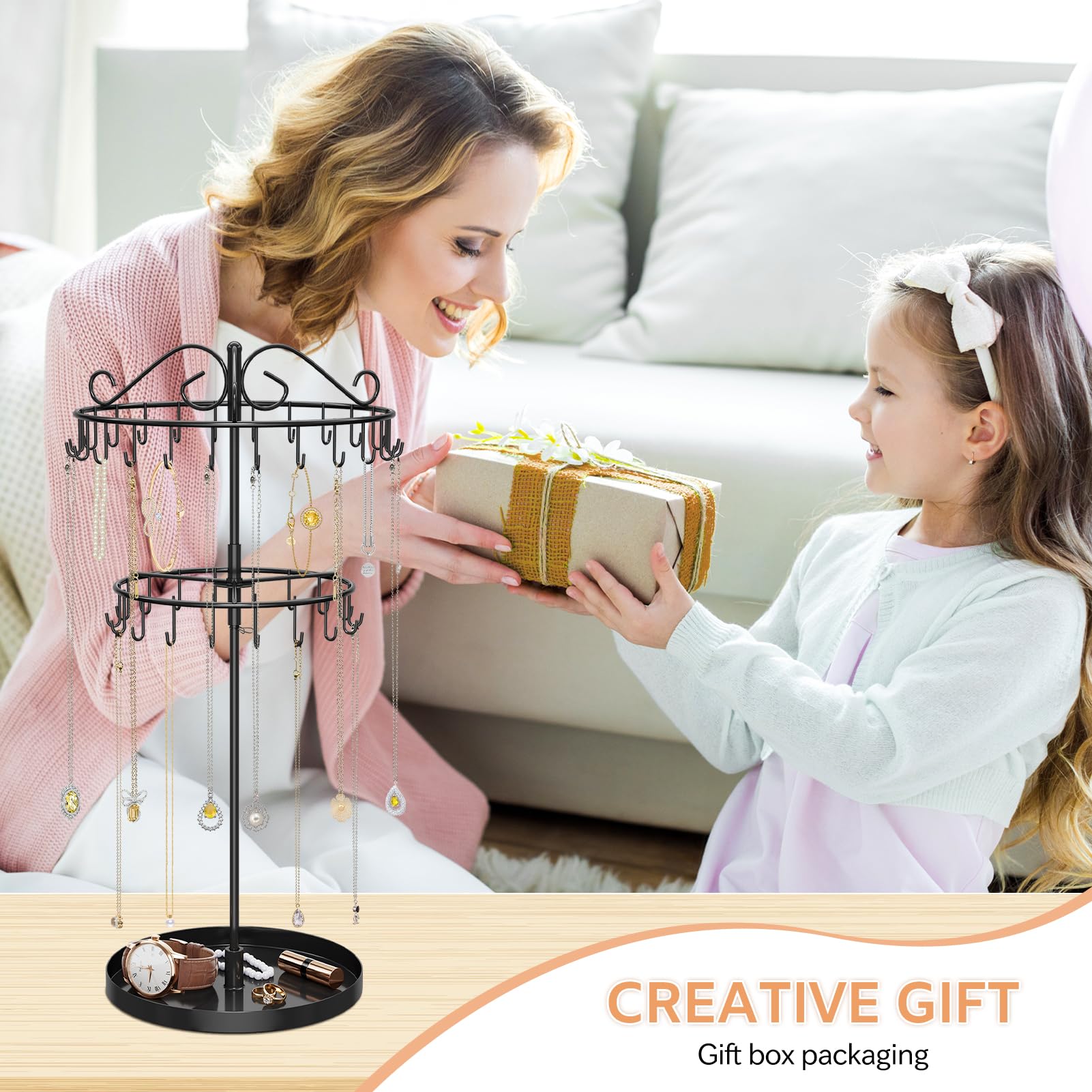 iDavosic.ly 2 Tier Rotating Necklace Organizer with Jewelry Tray, Adjustable Metal Necklace Holder with 42 Hooks, Extra Tall Bracelet Keychain Spinning Display Stand Tree Tower for Women, Black