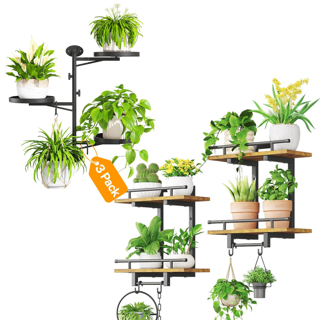 iDavosic.ly Wall Plant Shelves Set of 3, Metal Floating Shelves with Hooks, Rotating Mounted Display for Indoor Plants, Living Room Window Decor, Space Saving, Black (Pots/Chains/Plants Not Included)