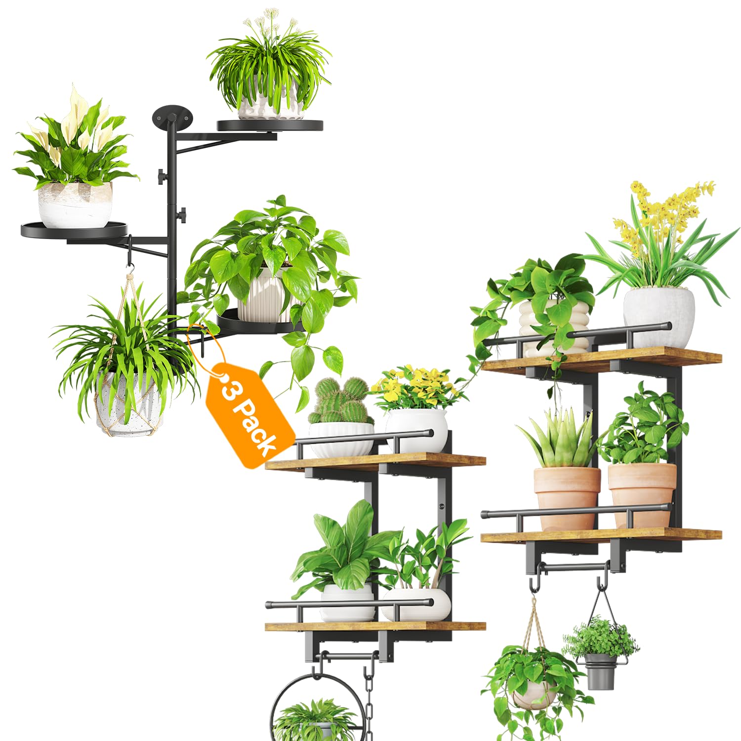 iDavosic.ly Wall Plant Shelves Set of 3, Metal Floating Shelves with Hooks, Rotating Mounted Display for Indoor Plants, Living Room Window Decor, Space Saving, Black (Pots/Chains/Plants Not Included)