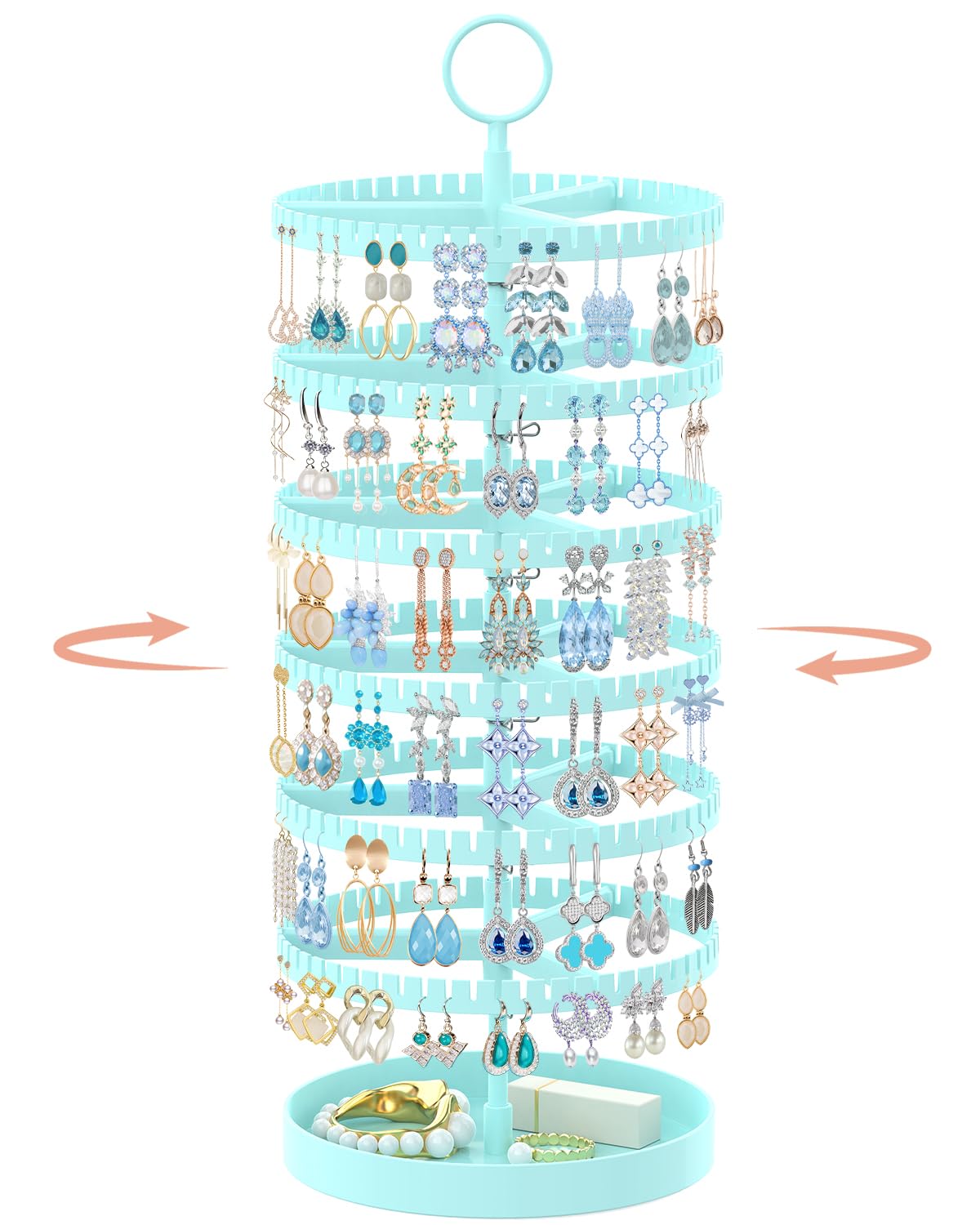 iDavosic.ly 6 Tier Rotating Earring Holder Organizer with Metal Tray, Adjustable Plastic Dangle Display Stands Tree with 342 Grooves, Large Hoop Storage Rack Tower, Blue