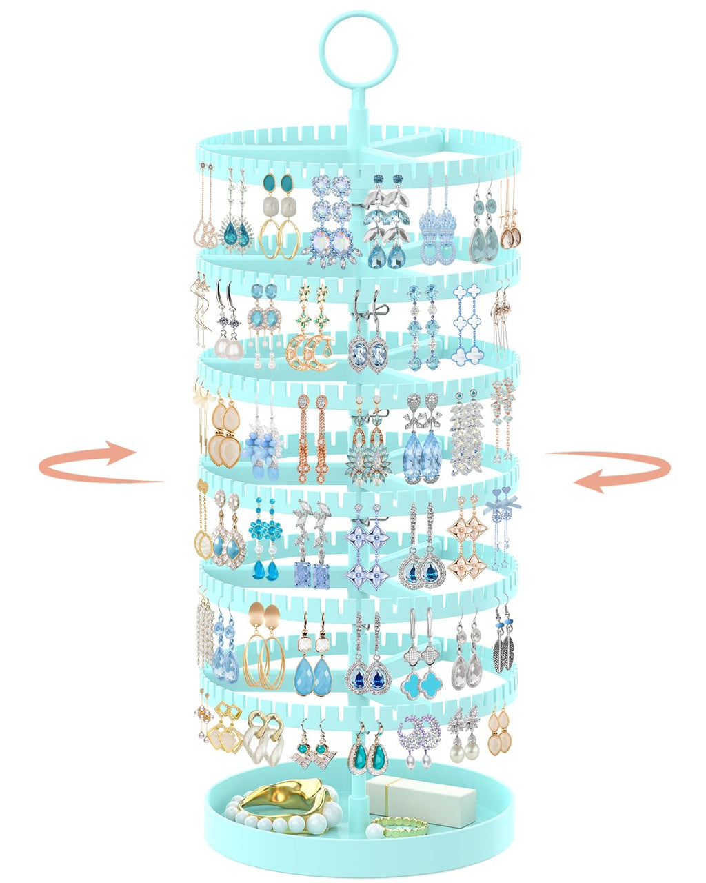 iDavosic.ly 6 Tier Rotating Earring Holder Organizer with Metal Tray, Adjustable Plastic Dangle Display Stands Tree with 342 Grooves, Large Hoop Storage Rack Tower, Blue