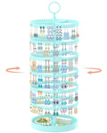 iDavosic.ly 6 Tier Rotating Earring Holder Organizer with Metal Tray, Adjustable Plastic Dangle Display Stands Tree with 342 Grooves, Large Hoop Storage Rack Tower, Blue