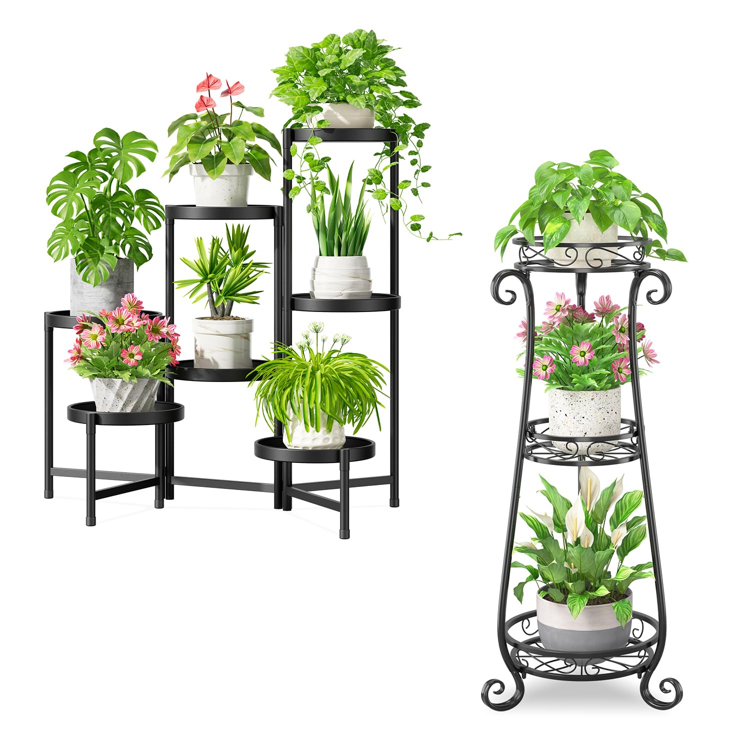 iDavosic.ly Metal Plant Stand for Indoor Outdoor Set of 2, 7 Tier Large Corner Folding Flower Pot Holder Shelf and 3 Layer Tall Vertical Display Rack for Patio Porch Living Room Garden, Black