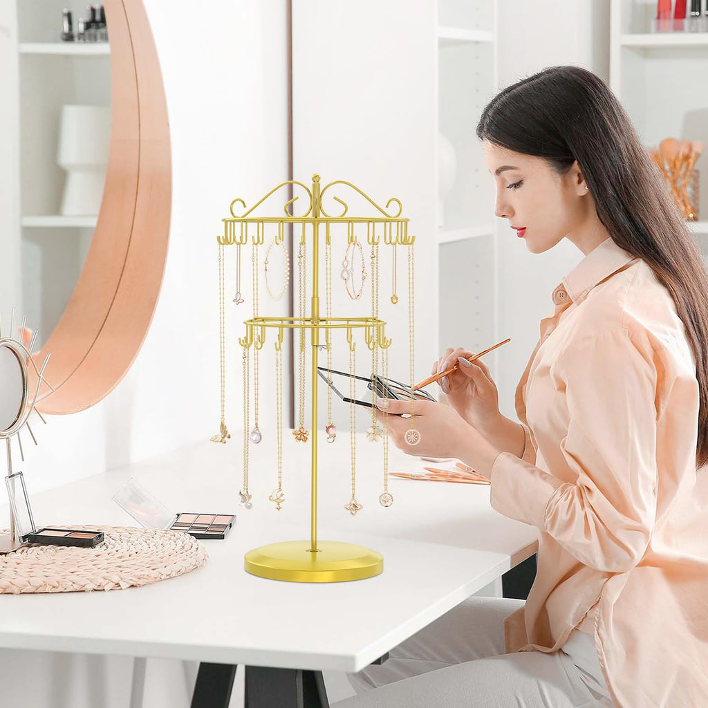 iDavosic.ly 2 Tier Rotating Necklace Holder Organizer with 42 Hooks, Adjustable Metal Bracelet Display Stand Rack, Extra Tall Keychain Spinning Tree Tower for Women, Gold