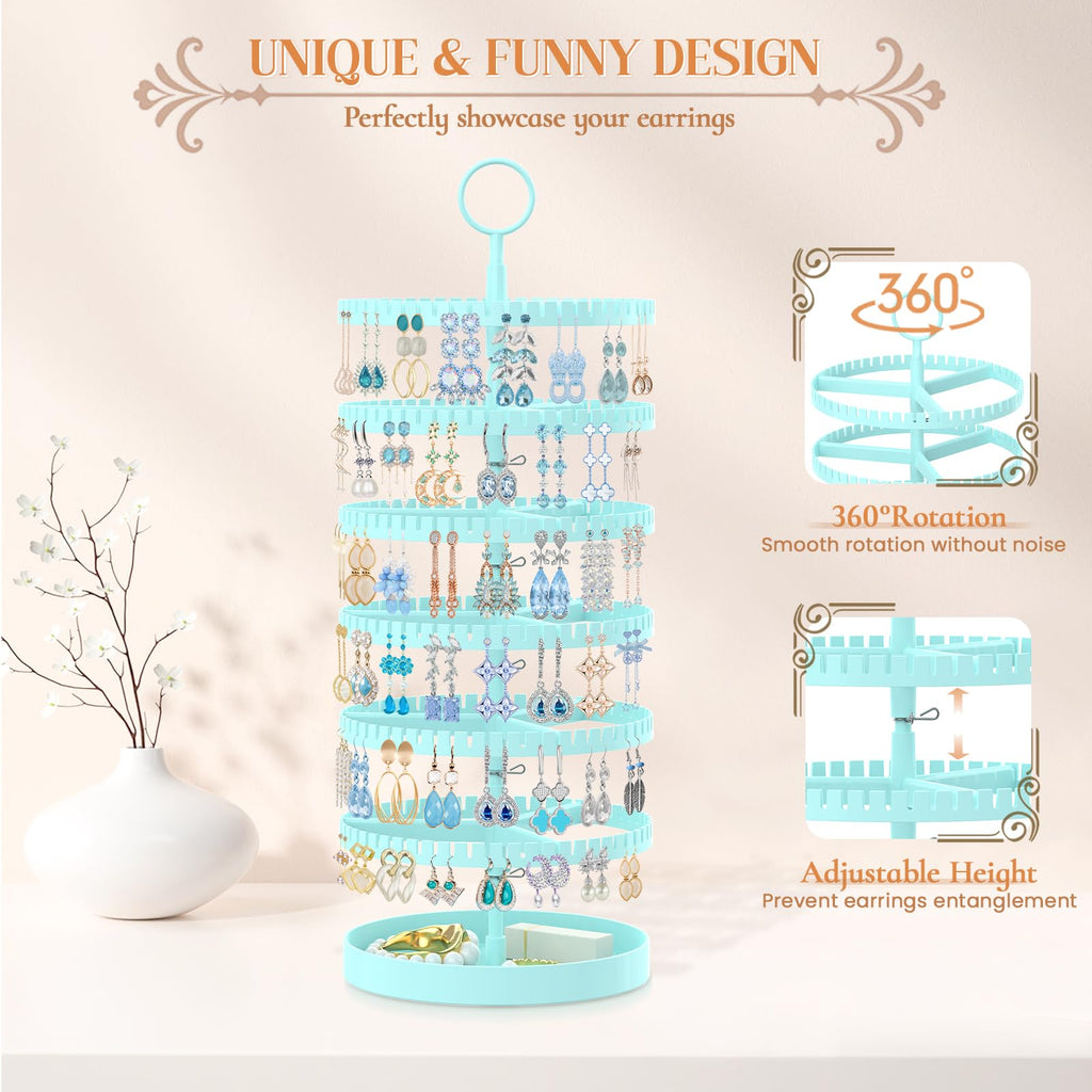 iDavosic.ly 6 Tier Rotating Earring Holder Organizer with Metal Tray, Adjustable Plastic Dangle Display Stands Tree with 342 Grooves, Large Hoop Storage Rack Tower, Blue