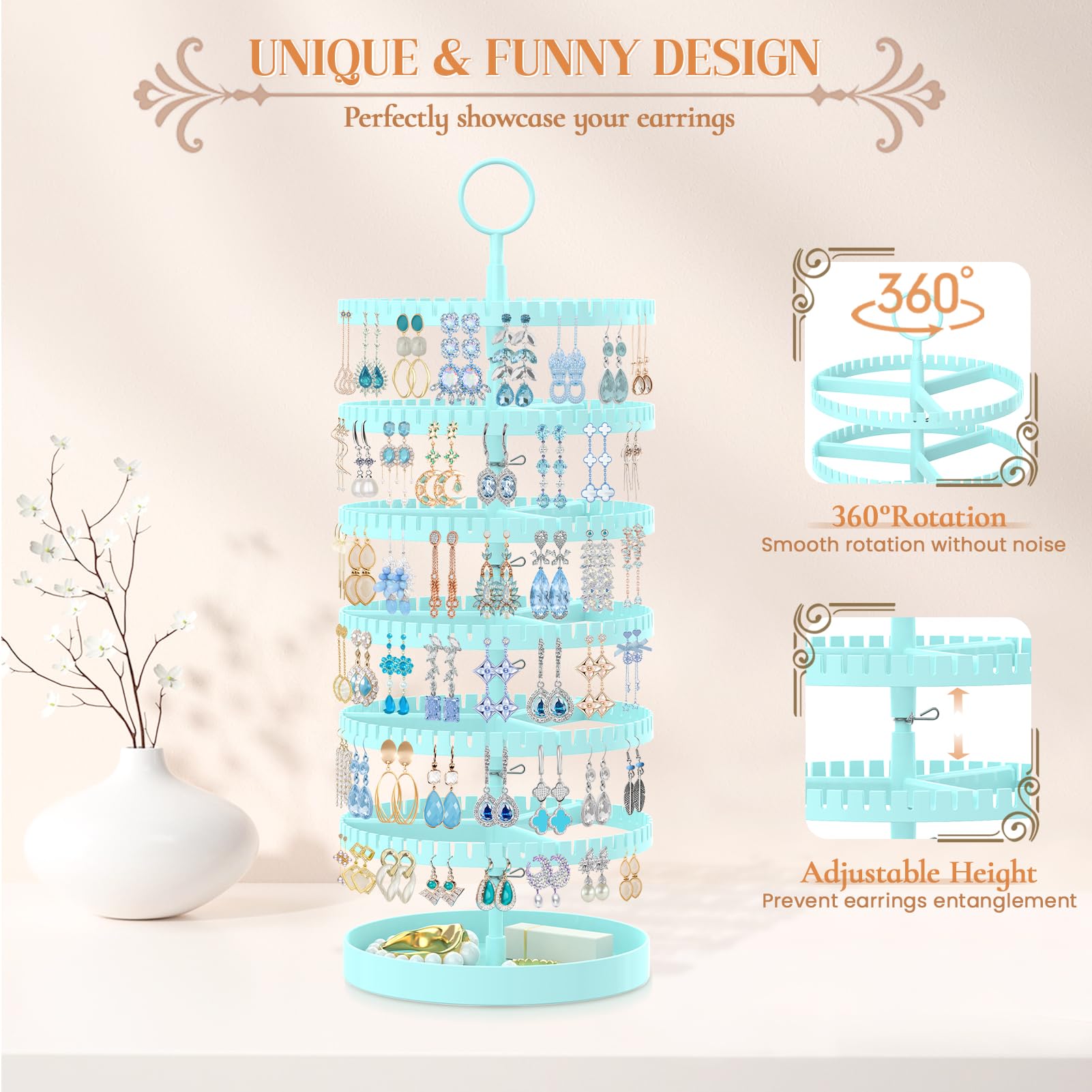 iDavosic.ly 6 Tier Rotating Earring Holder Organizer with Metal Tray, Adjustable Plastic Dangle Display Stands Tree with 342 Grooves, Large Hoop Storage Rack Tower, Blue