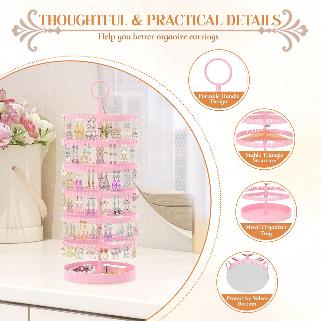 iDavosic.ly 6 Tier Rotating Earring Holder Organizer with Metal Tray, Adjustable Plastic Dangle Display Stands Tree with 342 Grooves, Large Hoop Storage Rack Tower, Pink