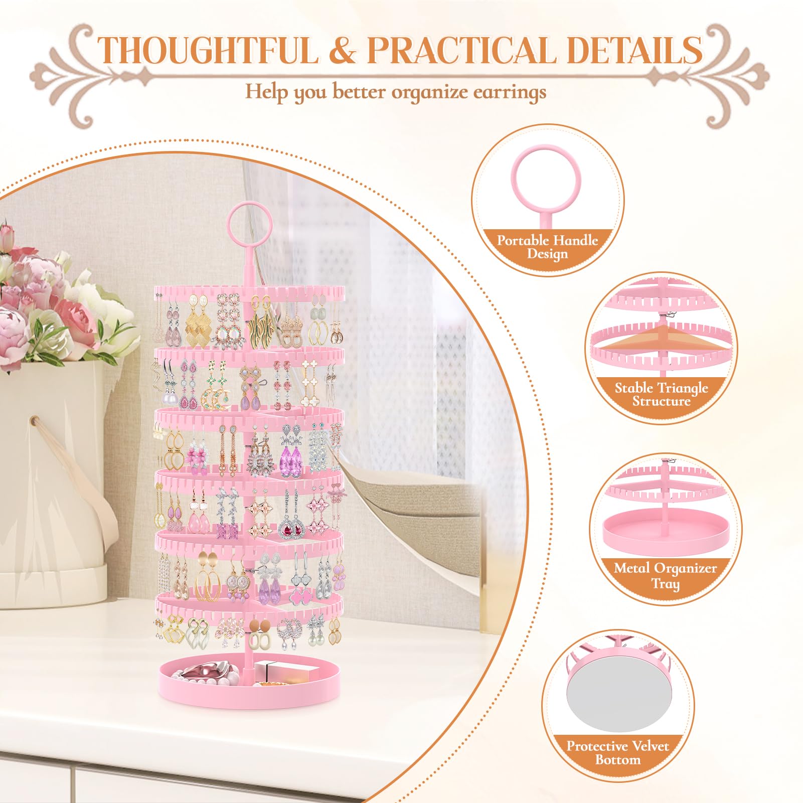 iDavosic.ly 6 Tier Rotating Earring Holder Organizer with Metal Tray, Adjustable Plastic Dangle Display Stands Tree with 342 Grooves, Large Hoop Storage Rack Tower, Pink