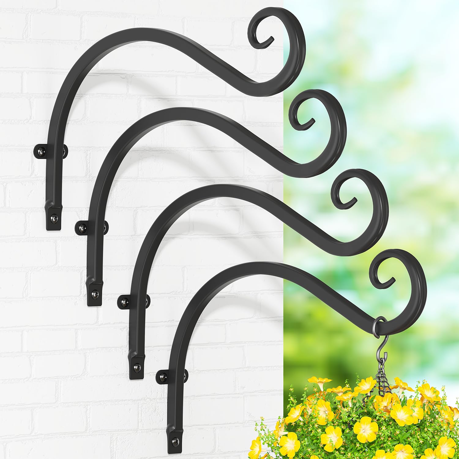 iDavosic.ly Plant Hangers Outdoor 4-Pack, 11.8 Inch Heavy Duty Iron Wall Brackets for Hanging Plants, Baskets, Bird Feeders, Lanterns, Wind Chimes, Indoor Metal Hooks for Garden Porch Patio, Black