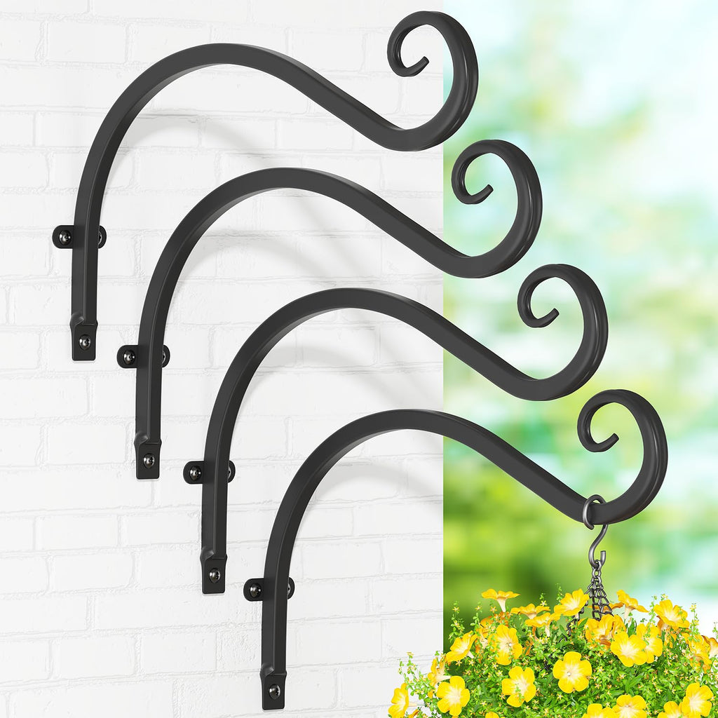 iDavosic.ly Plant Hangers Outdoor 4-Pack, 11.8 Inch Heavy Duty Iron Wall Brackets for Hanging Plants, Baskets, Bird Feeders, Lanterns, Wind Chimes, Indoor Metal Hooks for Garden Porch Patio, Black