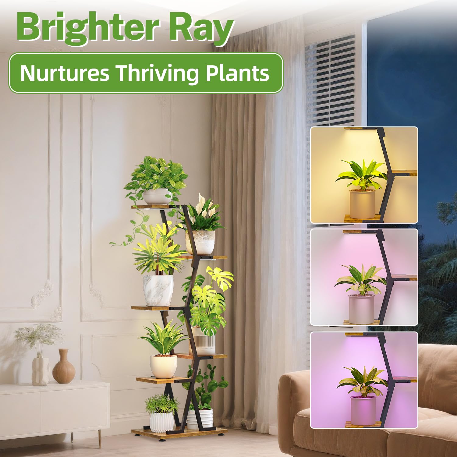 iDavosic.ly 5 Tier Indoor Plant Stand with Grow Light, Corner Tall Metal & Wood Flower Shelf, Orchid Display Rack for Living Room Balcony, Space Saving & Multifunctional Display, Black & Brown