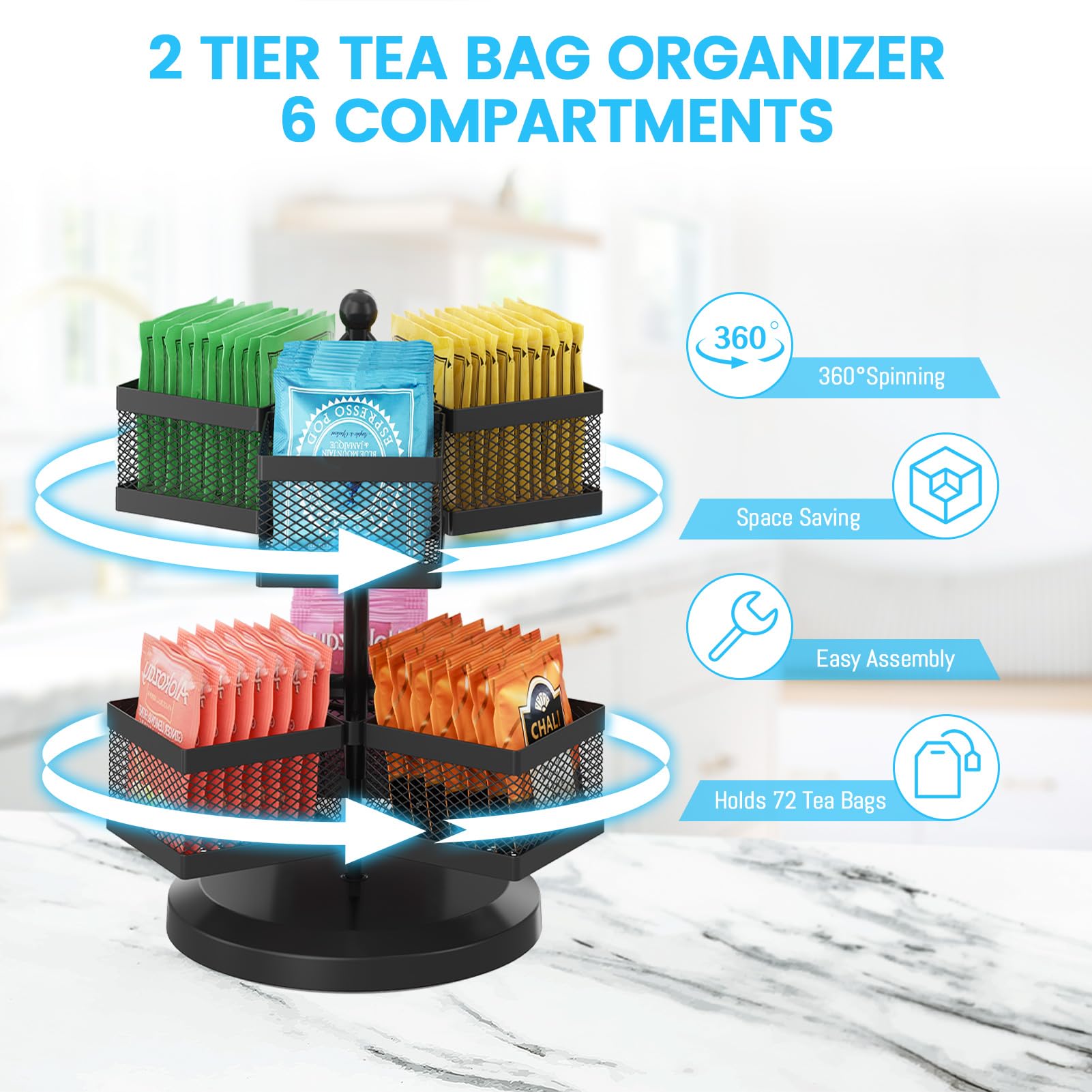 iDavosic.ly 2 Tier Tea Bag Organizer, Packet Storage Holder Spinning Carousel With 6 Compartments, Rotating Metal Caddy for Kitchen Counter Cabinet, Up to 72 Teabags Storage, Black