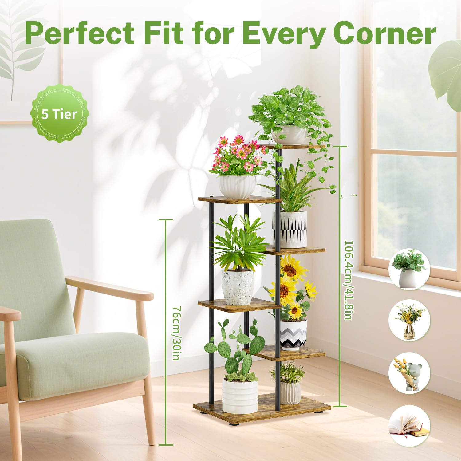 iDavosic.ly 5 Tier Plant Stand Indoor Outdoor Set of 2, Metal Wood Corner Flower Pot Holder Shelf and 42 Inch Tall Orchid Display Rack for Patio Porch Living Room Balcony, Modern Black & Rustic Brown