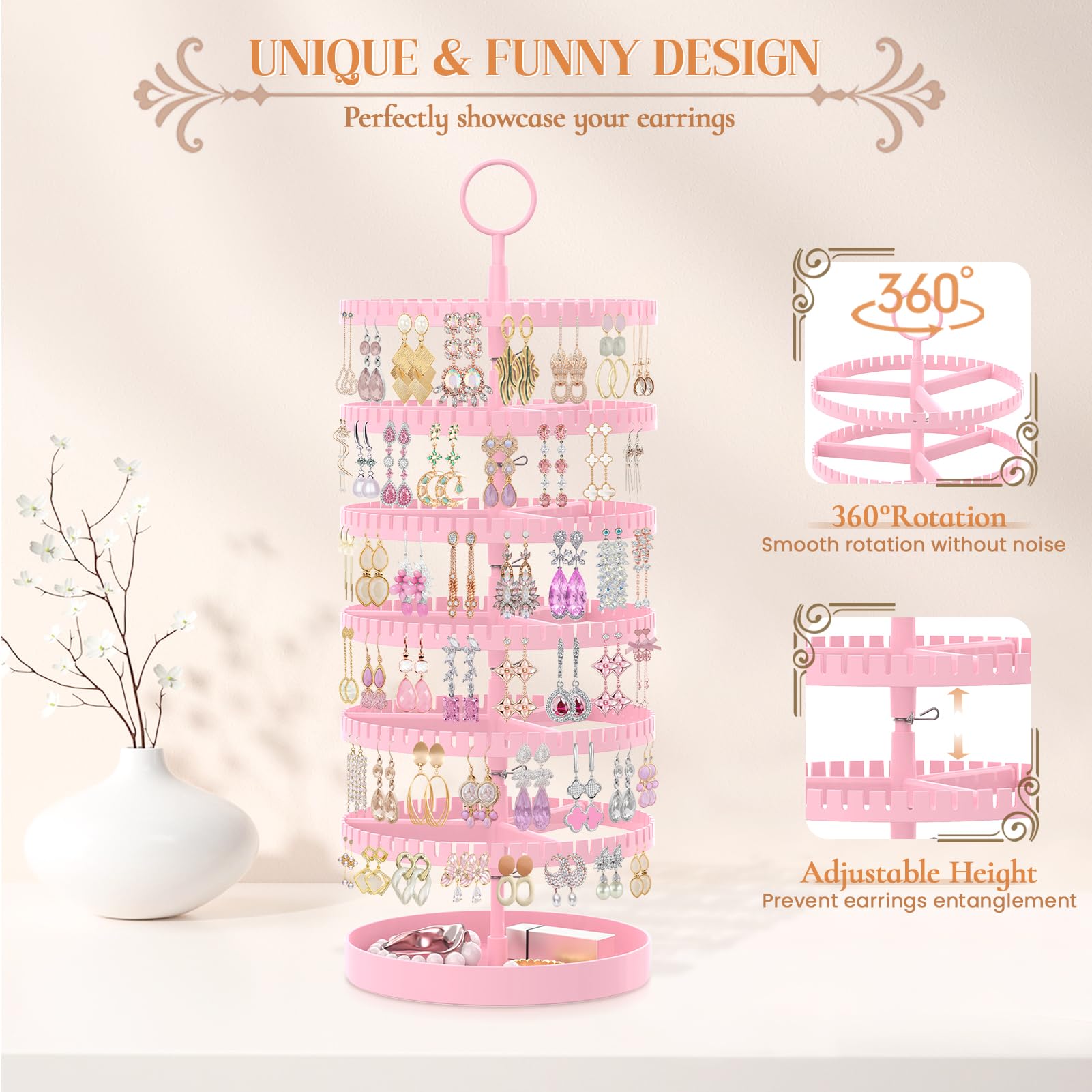 iDavosic.ly 6 Tier Rotating Earring Holder Organizer with Metal Tray, Adjustable Plastic Dangle Display Stands Tree with 342 Grooves, Large Hoop Storage Rack Tower, Pink