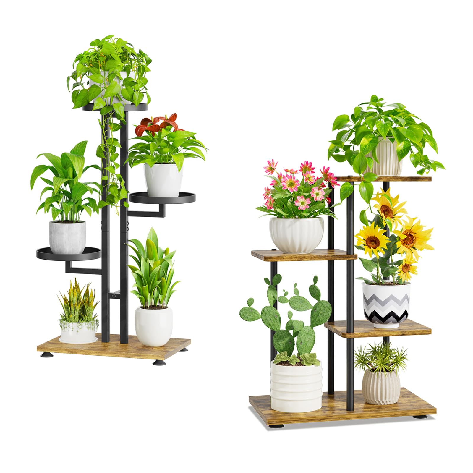 iDavosic.ly Plant Stand Indoor Outdoor Set of 2，4 Tier Tiered Corner Multiple Flower Pot Holder Shelf and 3 Layer Tall Orchid Display Rack for Patio Porch Living Room Balcony