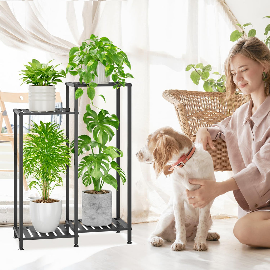 iDavosic.ly Plant Stand Indoor Outdoor Set of 2,4 Tier Metal Flower Holder Shelf with Wheels and 4 Layer Tall Orchid Display Rack for Patio Porch Living Room Balcony Outdoor