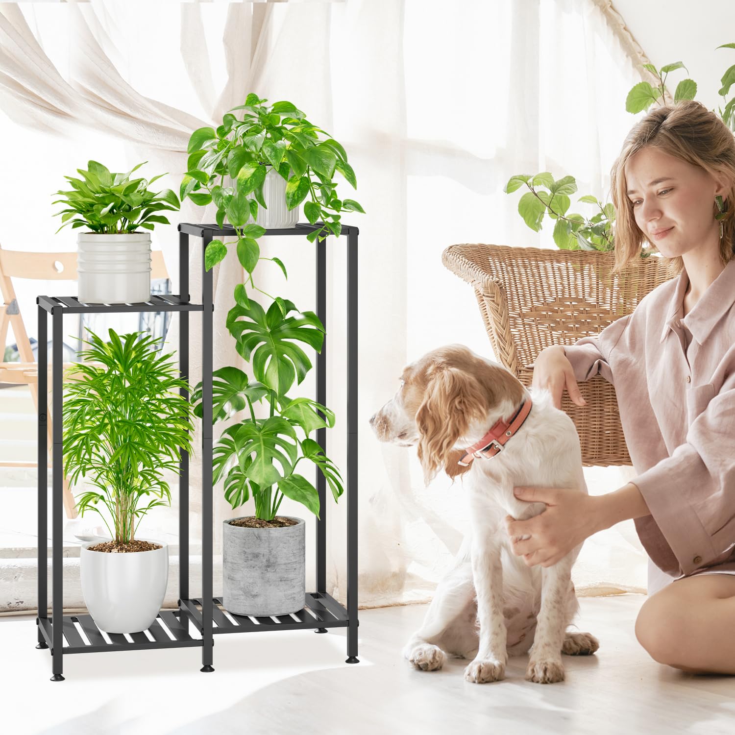 iDavosic.ly Plant Stand Indoor Outdoor Set of 2,4 Tier Metal Flower Holder Shelf with Wheels and 4 Layer Tall Orchid Display Rack for Patio Porch Living Room Balcony Outdoor