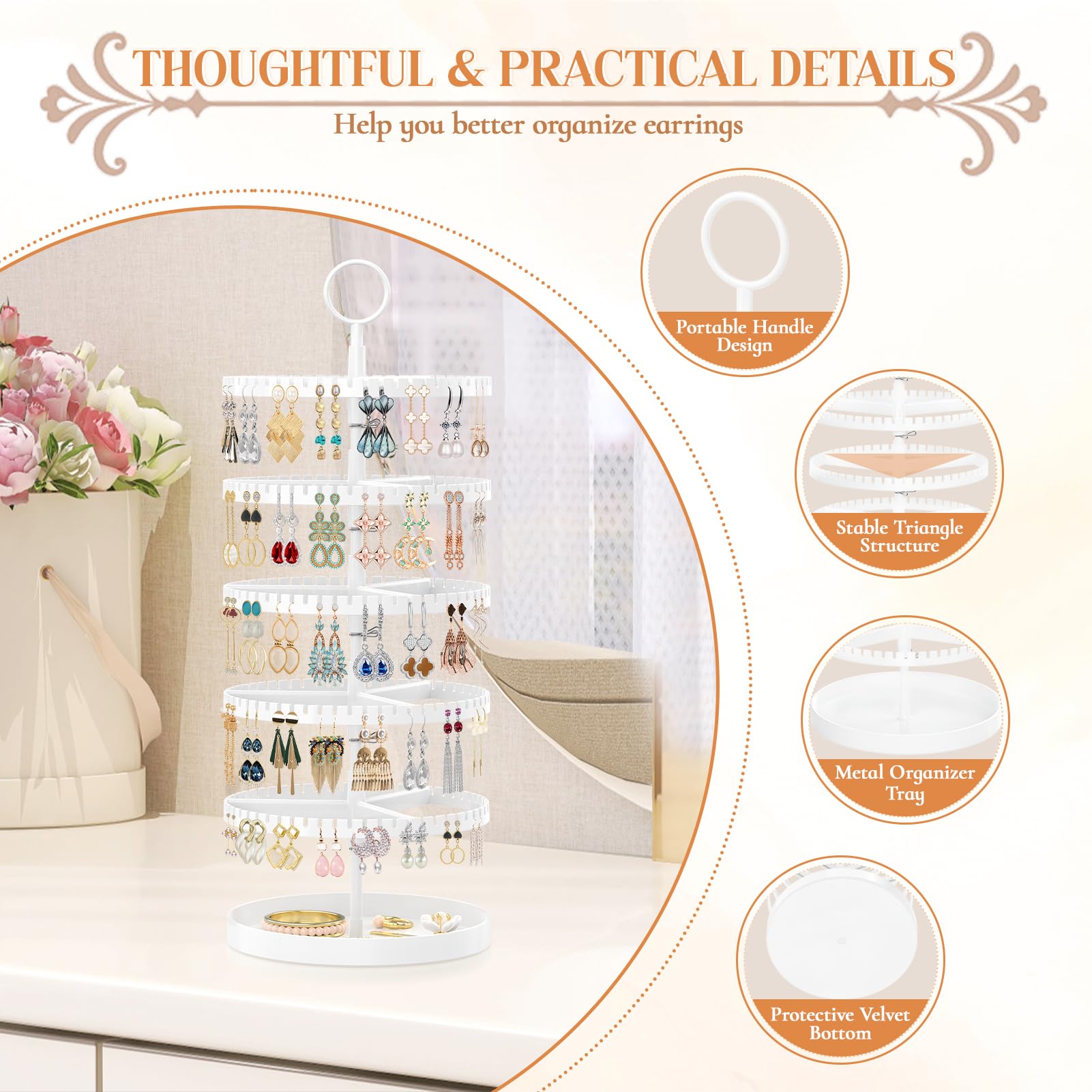 iDavosic.ly 5 Tier Rotating Earring Holder Organizer with Metal Tray, Adjustable Plastic Dangle Display Stands Tree with 285 Grooves, Large Hoop Storage Rack Tower, White