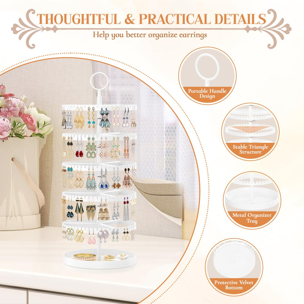 iDavosic.ly 5 Tier Rotating Earring Holder Organizer with Metal Tray, Adjustable Plastic Dangle Display Stands Tree with 285 Grooves, Large Hoop Storage Rack Tower, White