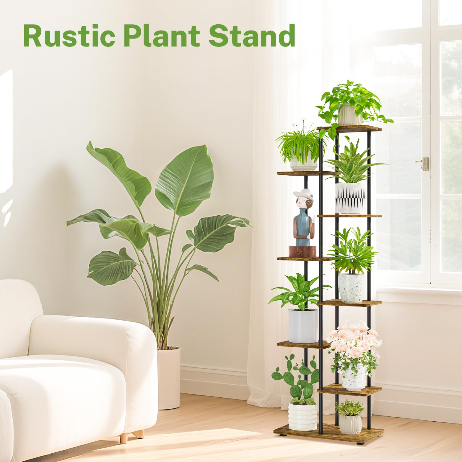 iDavosic.ly 7 Tier Plant Stand Indoor Outdoor Set of 2, Metal Wood Corner Flower Pot Holder Shelf and 58 Inch Tall Orchid Display Rack for Patio Porch Living Room Balcony, Modern Black & Rustic Brown