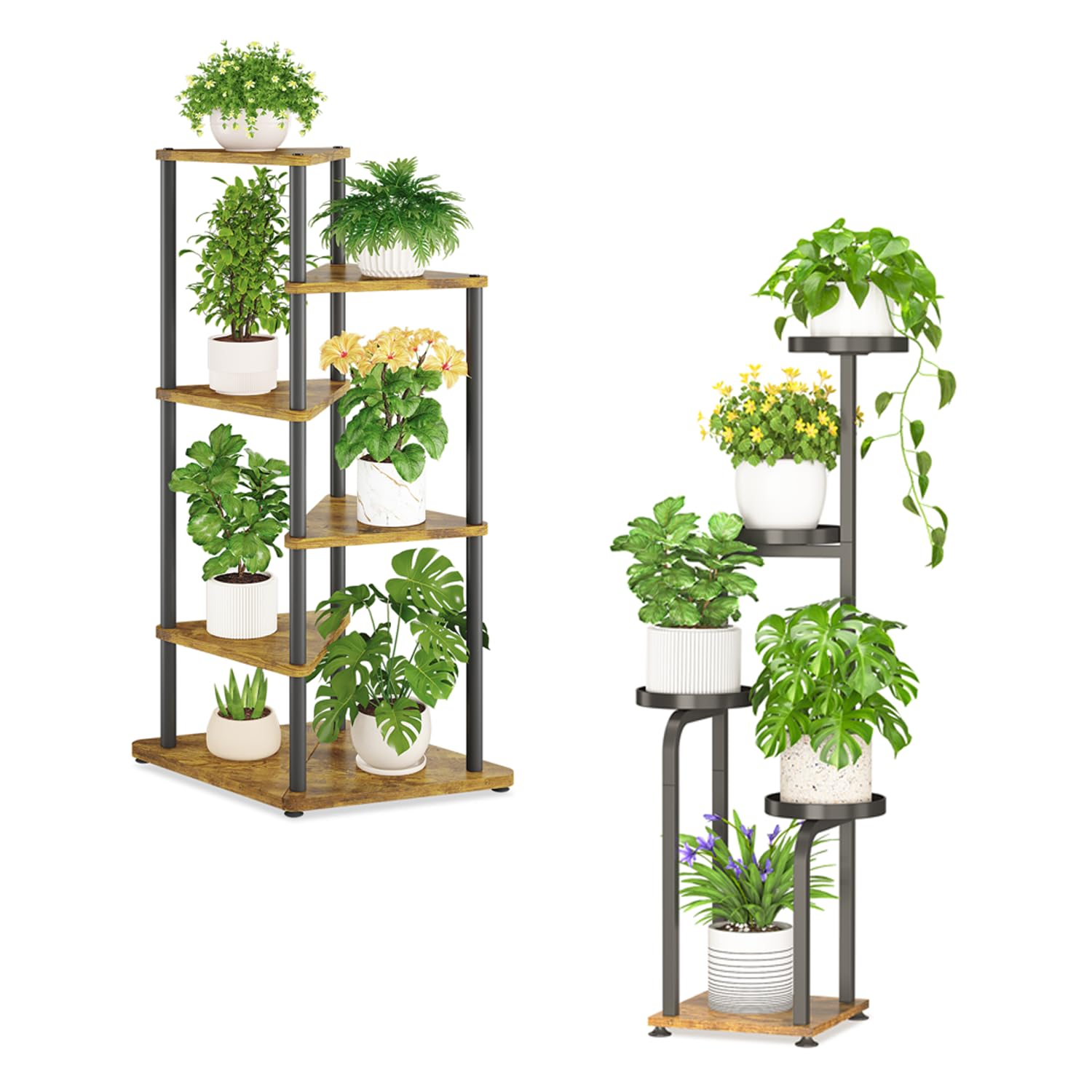 iDavosic.ly Wooden Plant Stand for Indoor Outdoor Set of 2, 5 Tier Heavy-Duty Flower Holder Shelf and 4 Layer Tall Corner Orchid Rack with Metal Trays for Living Room Balcony Patio Porch Garden