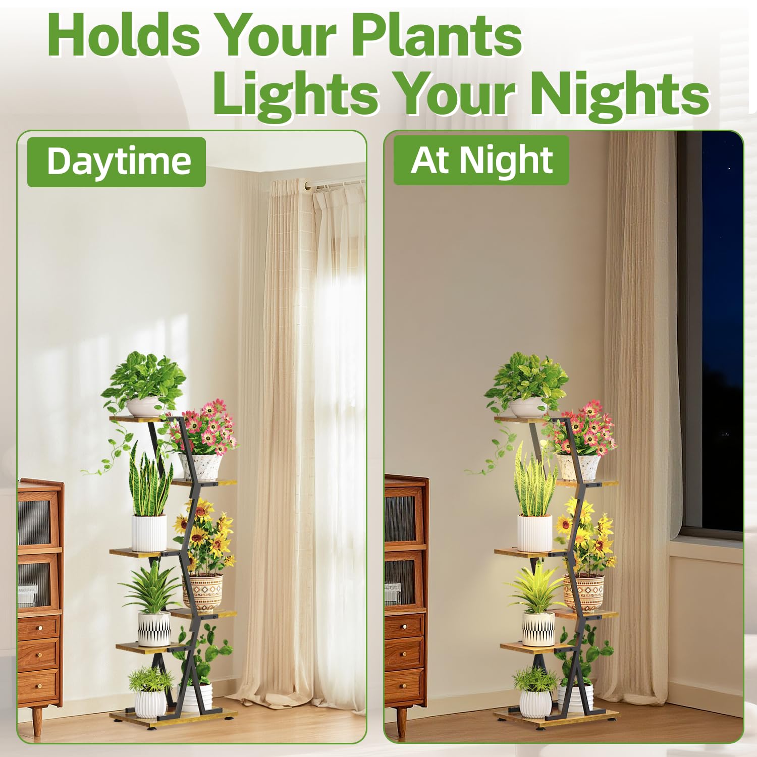 iDavosic.ly 5 Tier Indoor Plant Stand with Grow Light, Corner Tall Metal & Wood Flower Shelf, Orchid Display Rack for Living Room Balcony, Space Saving & Multifunctional Display, Black & Brown