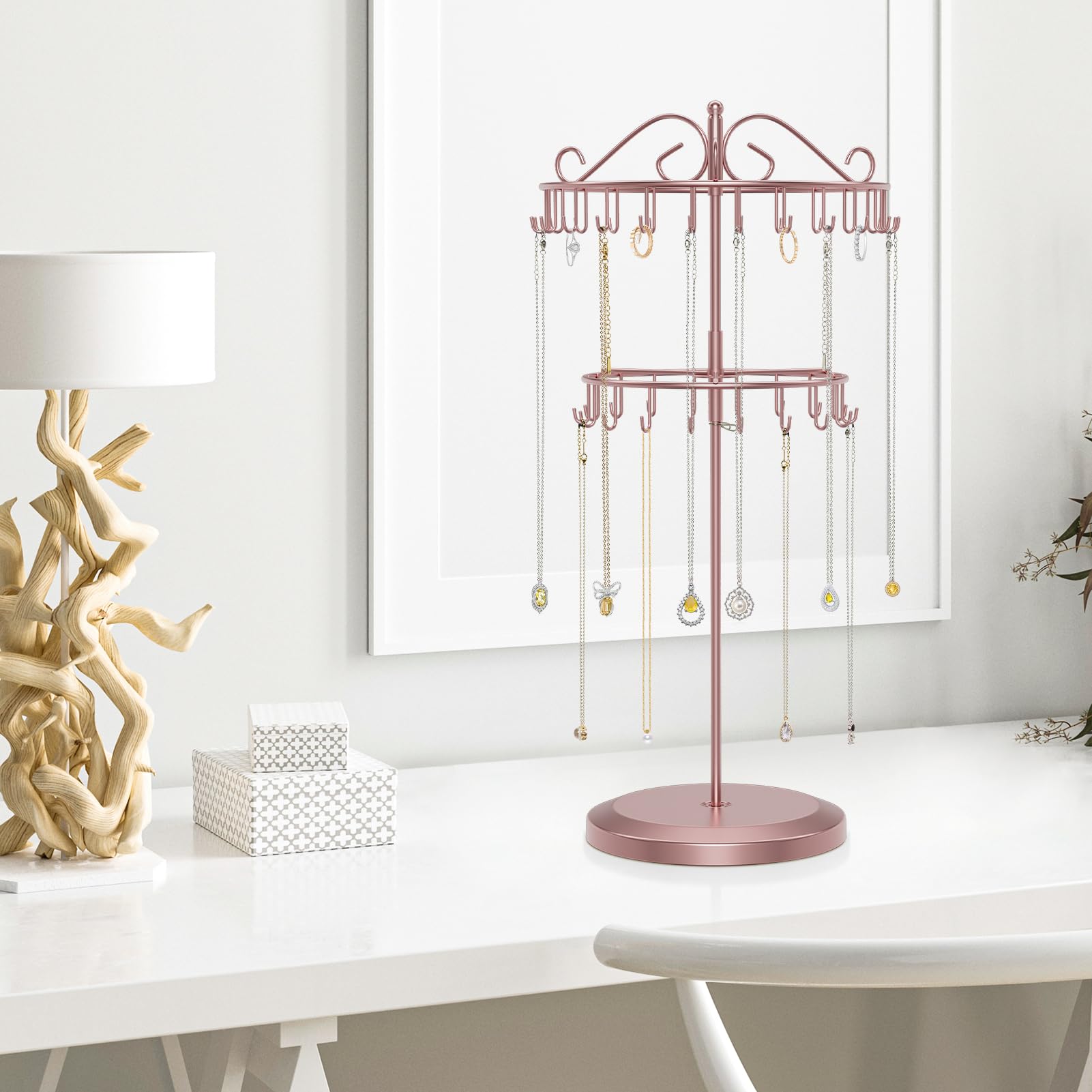 iDavosic.ly 2 Tier Rotating Necklace Holder Organizer with 42 Hooks, Adjustable Metal Bracelet Display Stand Rack, Extra Tall Keychain Spinning Tree Tower for Women, Rose Gold