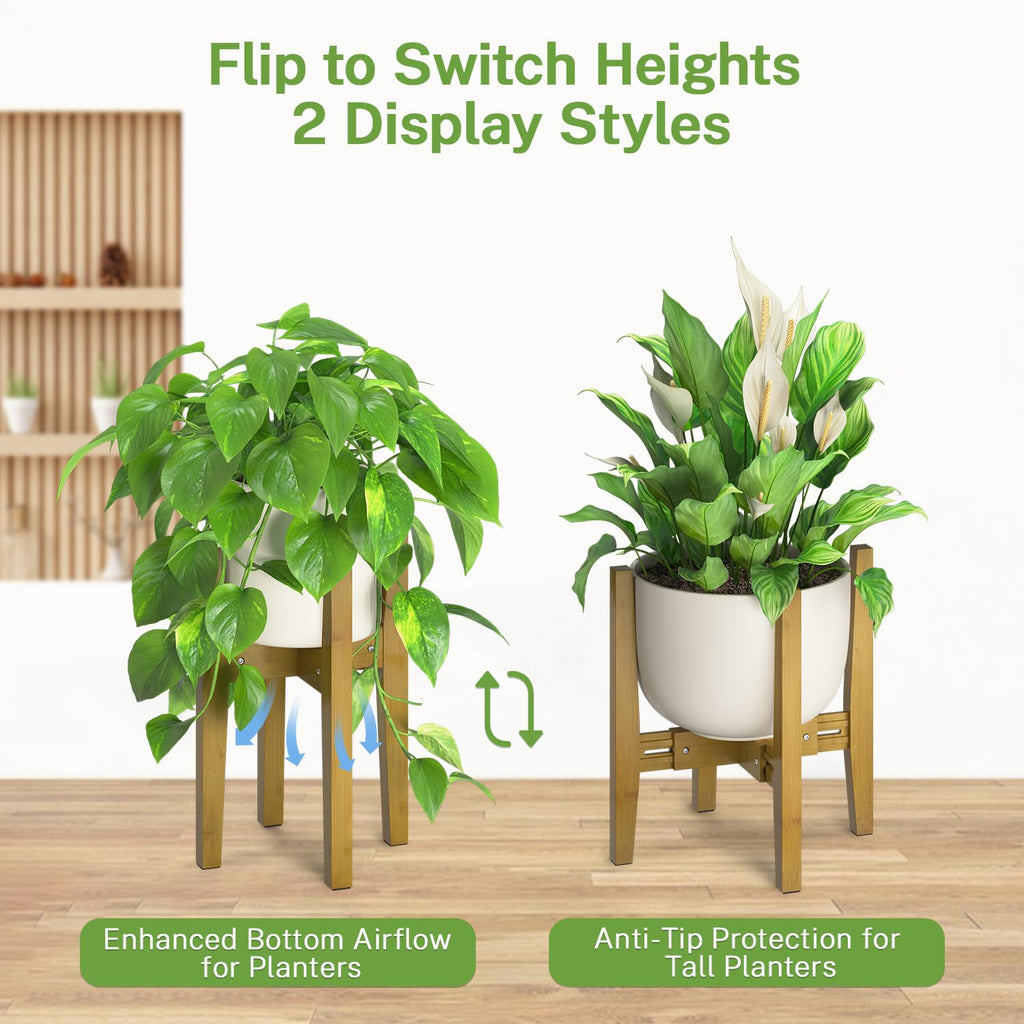 iDavosic.ly Adjustable Plant Pot Stand Indoor Outdoor 2 Pack, Metal Modern Bamboo Short Single Flower Holder Fits 8 to 12 Inch Large Heavy Duty Planter (Not Included) | Whinte and Brown