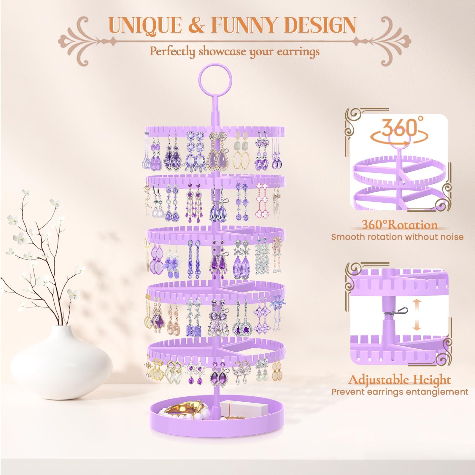 iDavosic.ly 5 Tier Rotating Earring Holder Organizer with Metal Tray, Adjustable Plastic Dangle Display Stands Tree with 285 Grooves, Large Hoop Storage Rack Tower, Purple