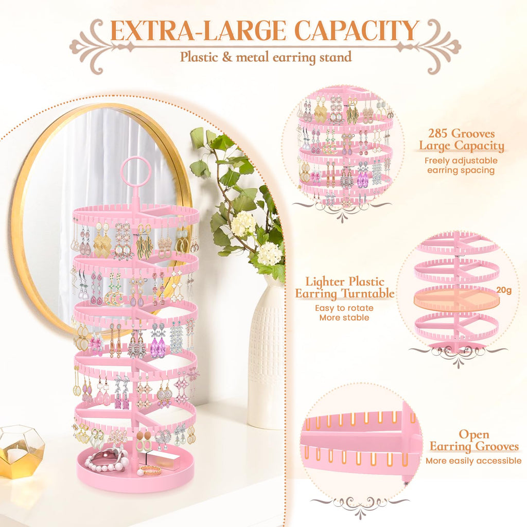 iDavosic.ly 5 Tier Rotating Earring Holder Organizer with Metal Tray, Adjustable Plastic Dangle Display Stands Tree with 285 Grooves, Large Hoop Storage Rack Tower, Pink