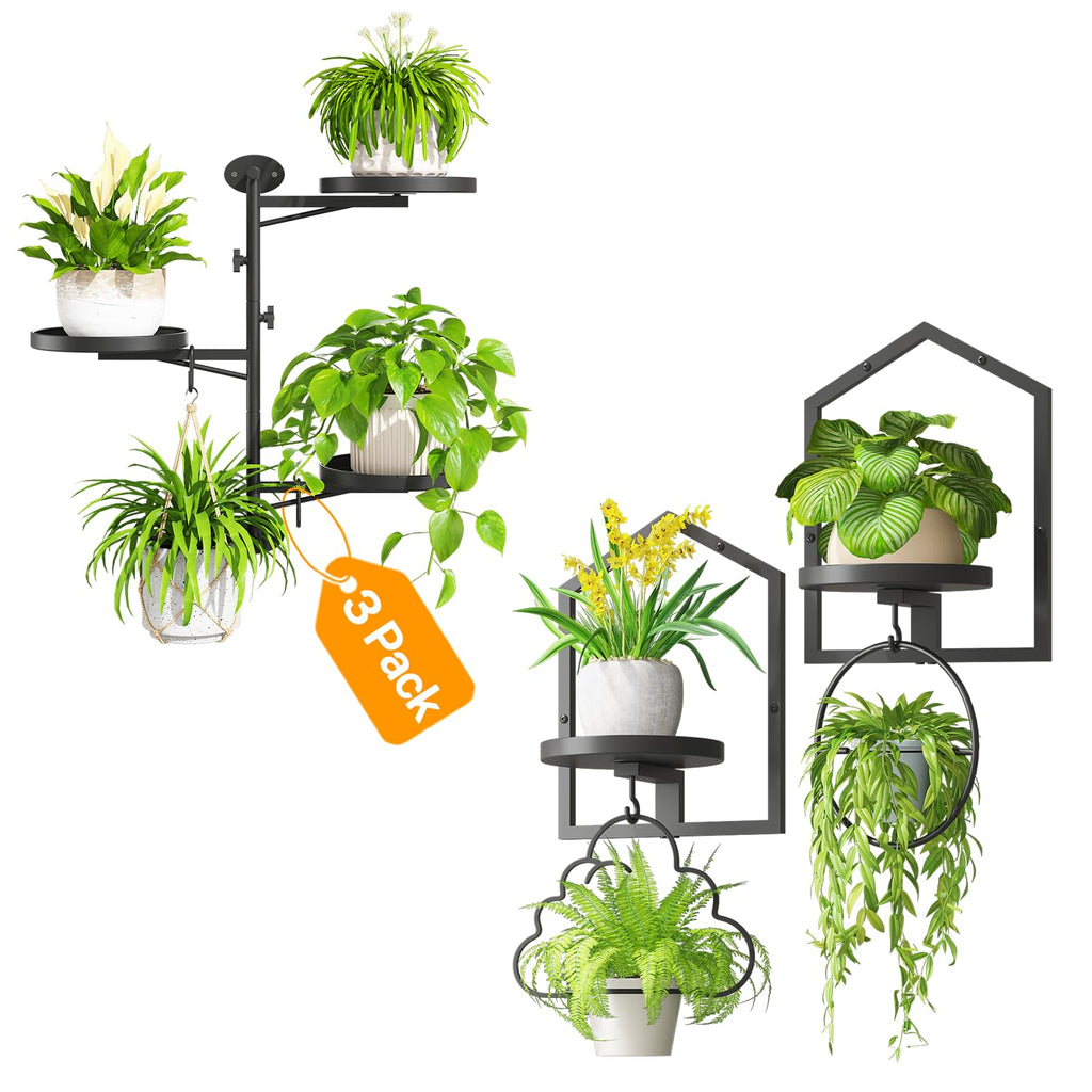 iDavosic.ly Wall Plant Shelves Set of 3, Rotating 3-Tier Stands with Hooks, Metal Floating Display for Indoor Picture Frames, Space Saving Window Decor, Black (Pots/Chains/Plants Not Included)