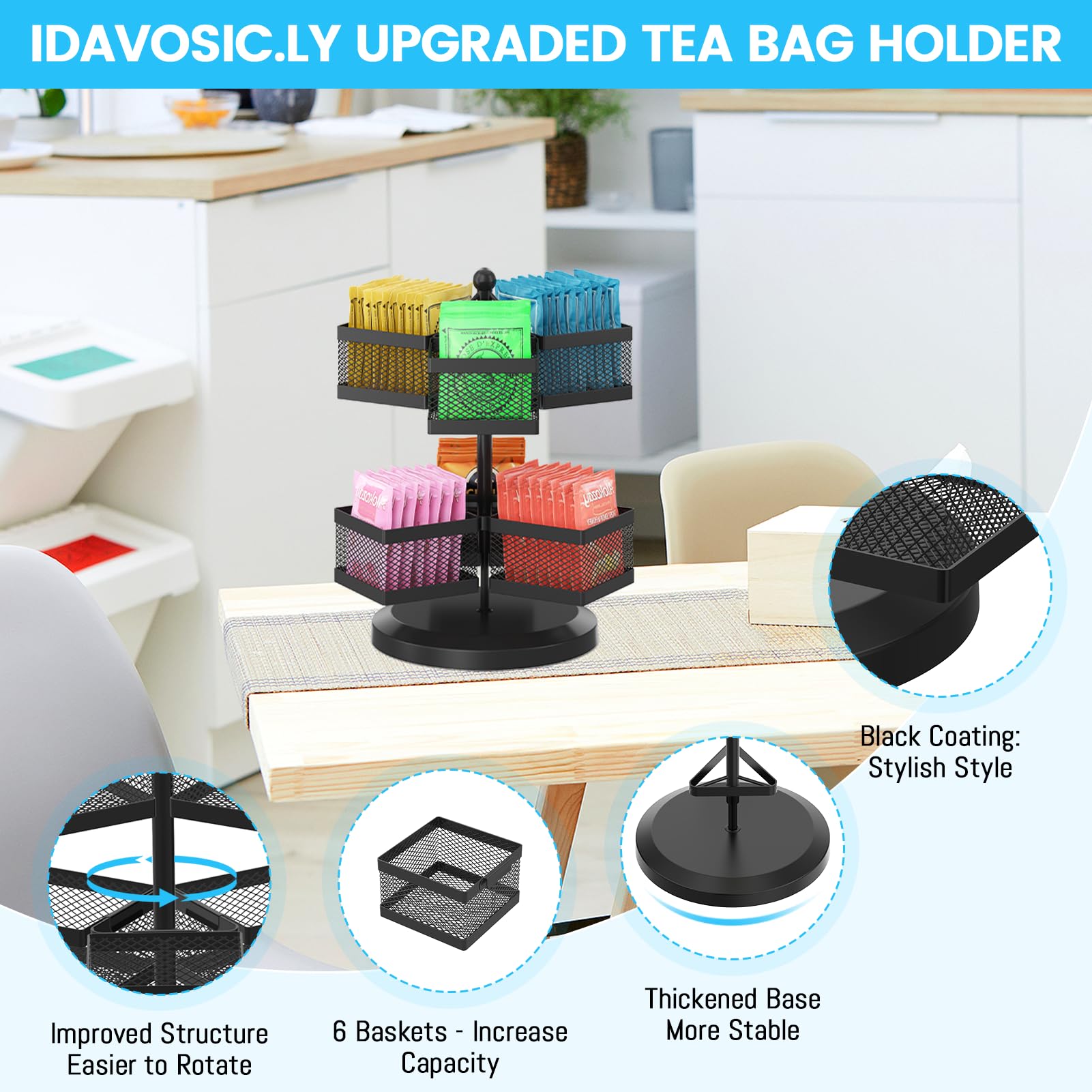 iDavosic.ly 2 Tier Tea Bag Organizer, Packet Storage Holder Spinning Carousel With 6 Compartments, Rotating Metal Caddy for Kitchen Counter Cabinet, Up to 72 Teabags Storage, Black