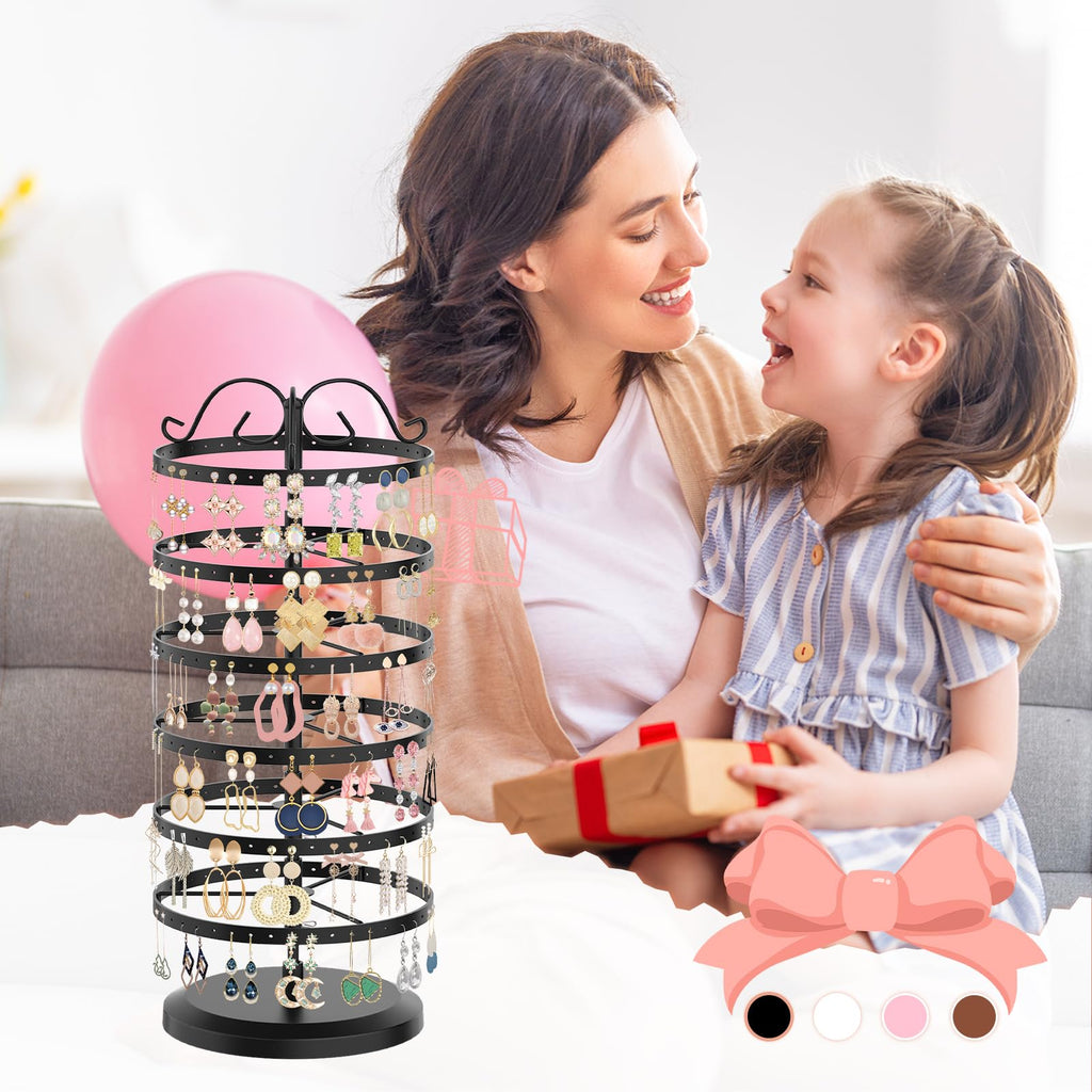 iDavosic.ly 6 Tier Rotating Earring Holder Organizer Set of 2, Metal Large Stud Storage Stand, Adjustable Plastic Dangle Display Rack Tower for Women, Black