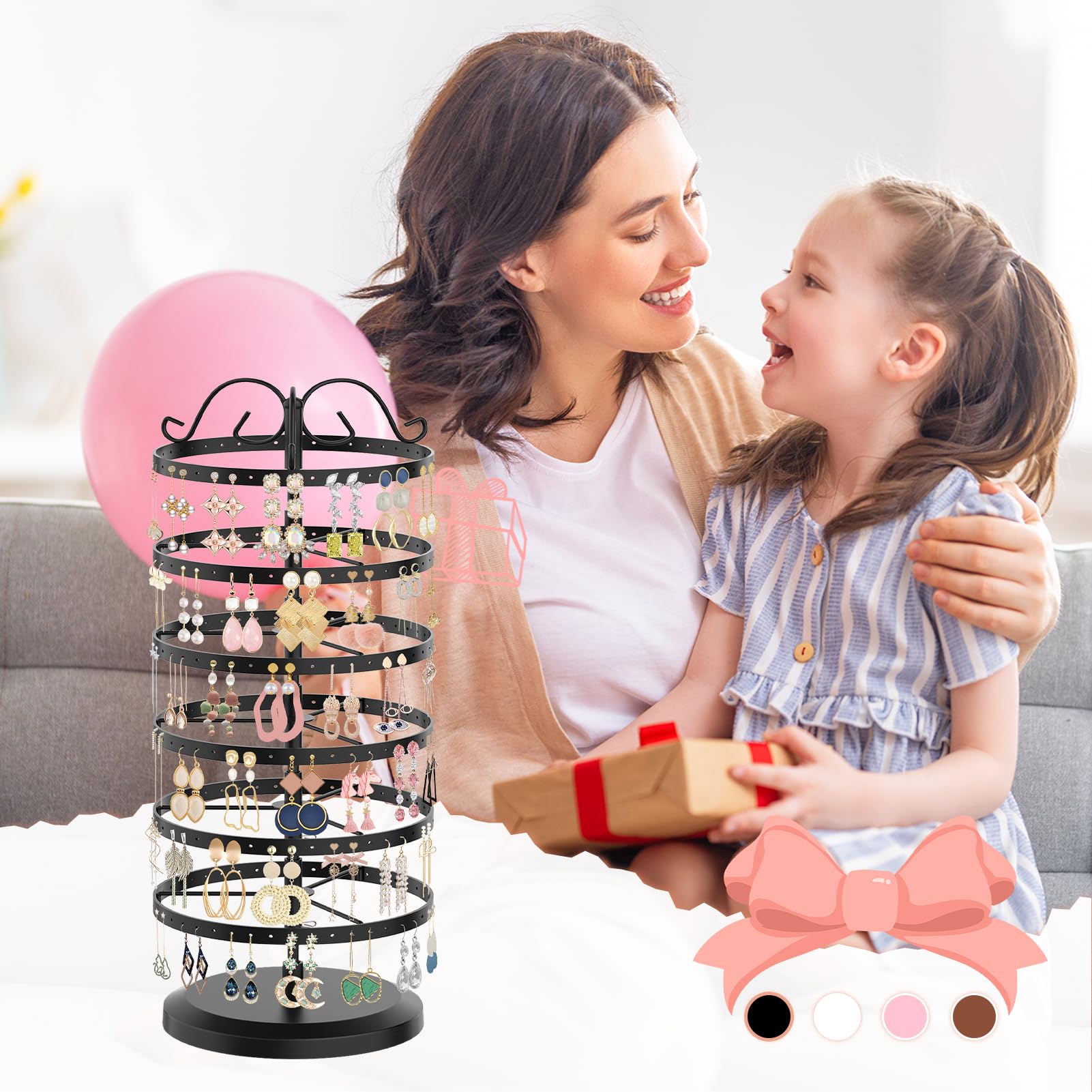 iDavosic.ly 6 Tier Rotating Earring Holder Organizer Set of 2, Metal Large Stud Storage Stand, Adjustable Plastic Dangle Hoop Display Rack Tower for Women Black and White