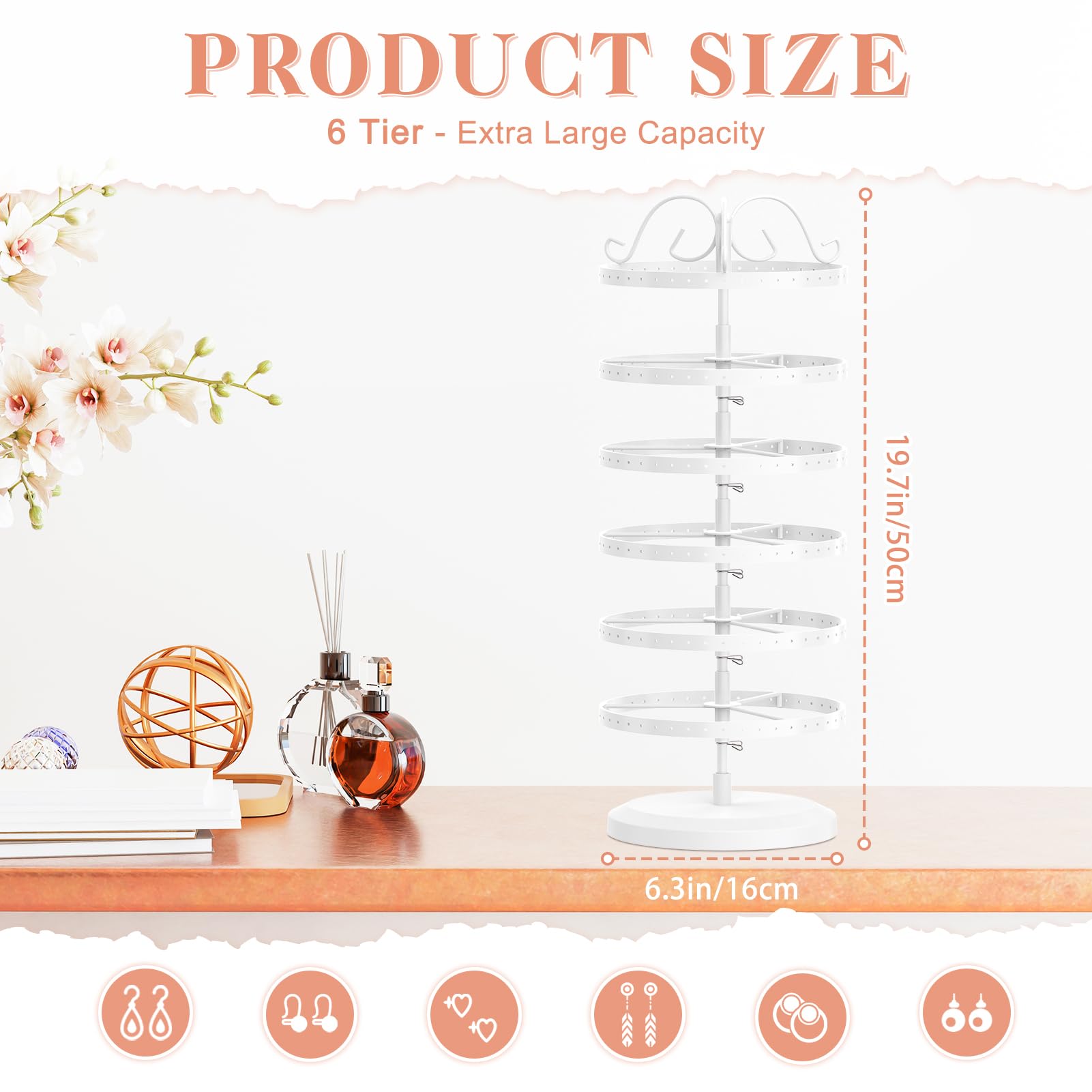 iDavosic.ly 6 Tier Metal Rotating Earring Holder Organizer 2 Pack, 264 Holes Large Stud Storage Display Stands Tree Rack, Adjustable Pierced Hoop Dangle Tower for Women, Black and White