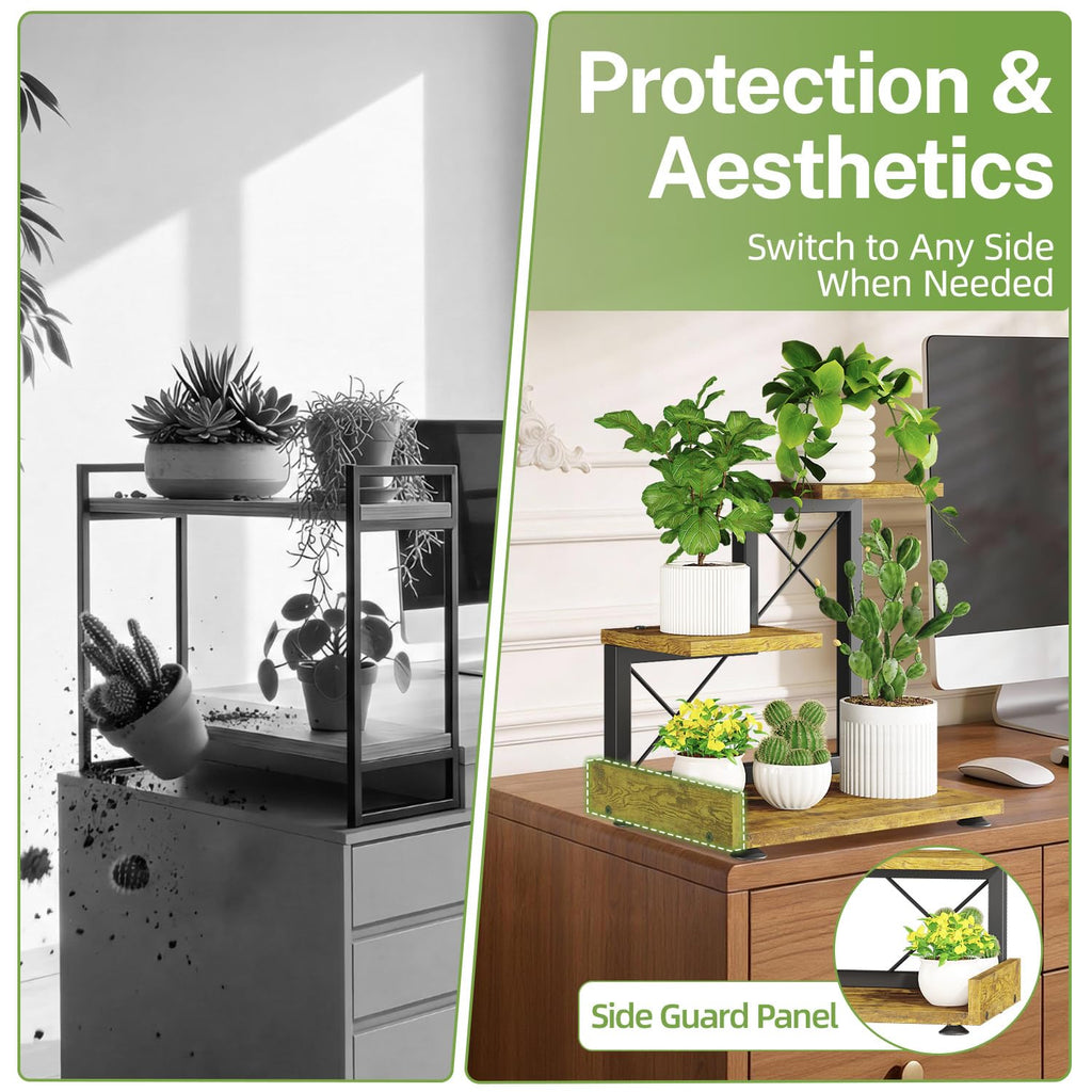 iDavosic.ly Small Table Top Plant Stand, 3 Tier Succulent & Flower Pot Holder for Desktop, Space-Saving Countertop Organizer Shelf for Office and Home Decor, Black Brown