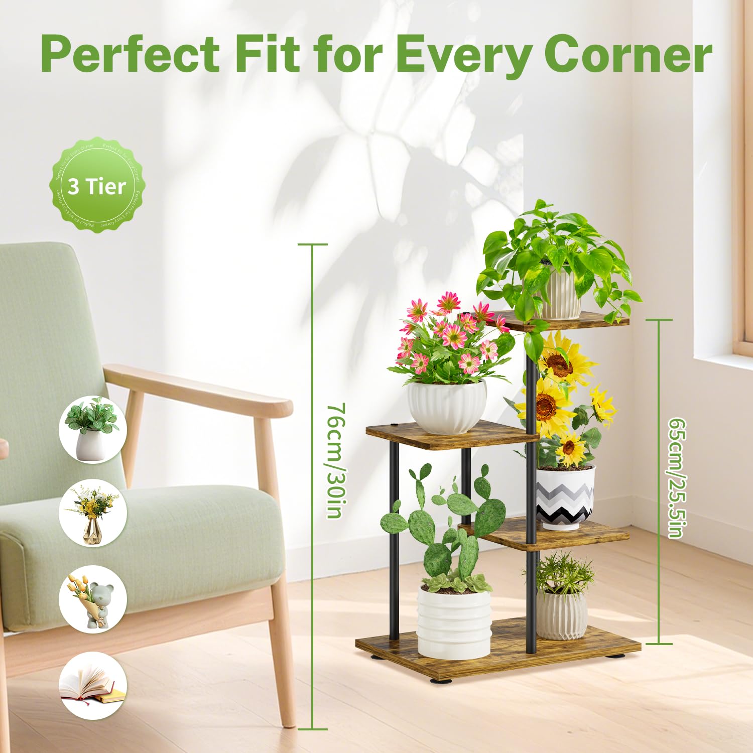 iDavosic.ly Metal Wood Plant Stand Indoor Outdoor Set of 2, 4 Tier Corner Flower Holder Shelf and 3 Layer Tall Orchid Pot Display Rack for Patio Porch Living Room Balcony, Modern Black & Rustic Brown