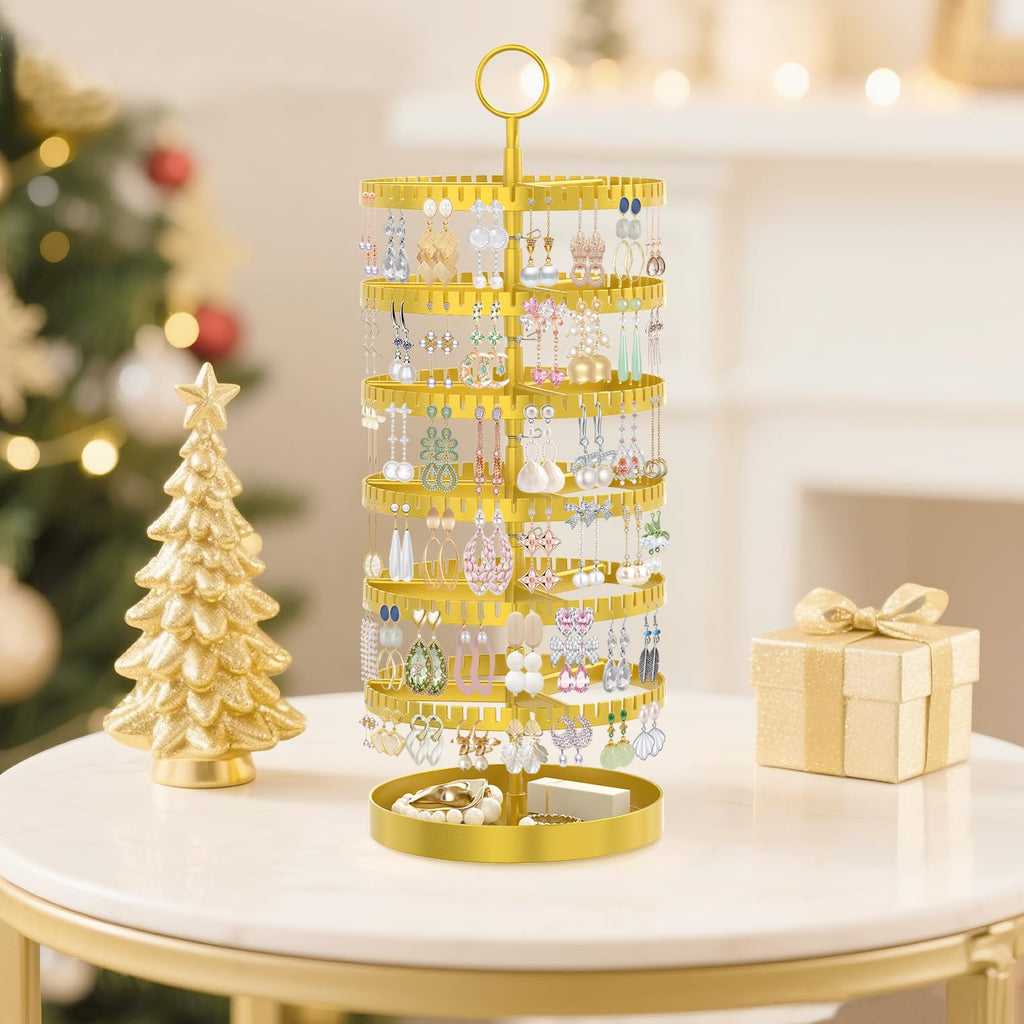 iDavosic.ly 6 Tier Rotating Earring Holder Organizer with Metal Tray, Adjustable Plastic Dangle Display Stands Tree with 342 Grooves, Large Hoop Storage Rack Tower, Gold