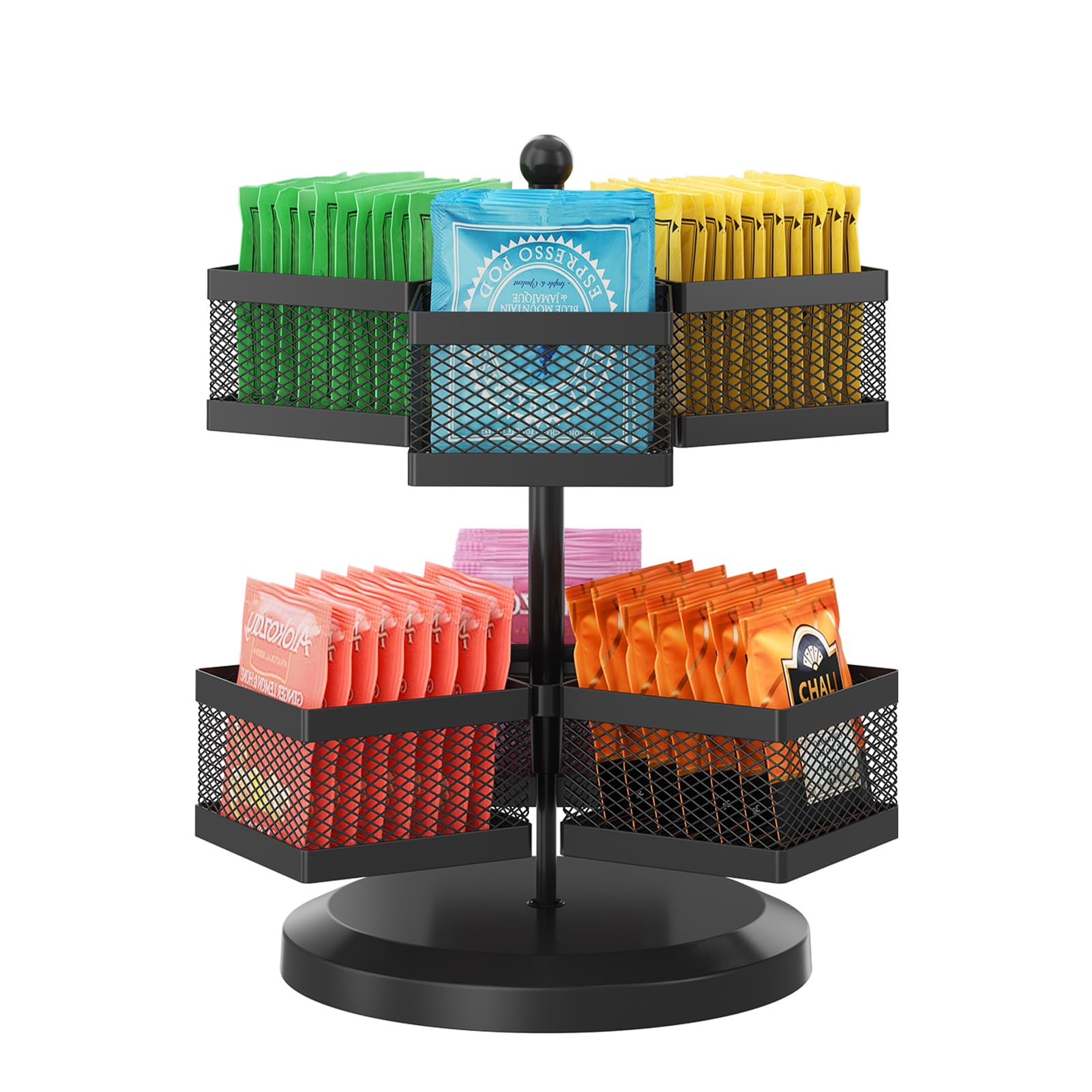 iDavosic.ly 2 Tier Tea Bag Organizer, Packet Storage Holder Spinning Carousel With 6 Compartments, Rotating Metal Caddy for Kitchen Counter Cabinet, Up to 72 Teabags Storage, Black