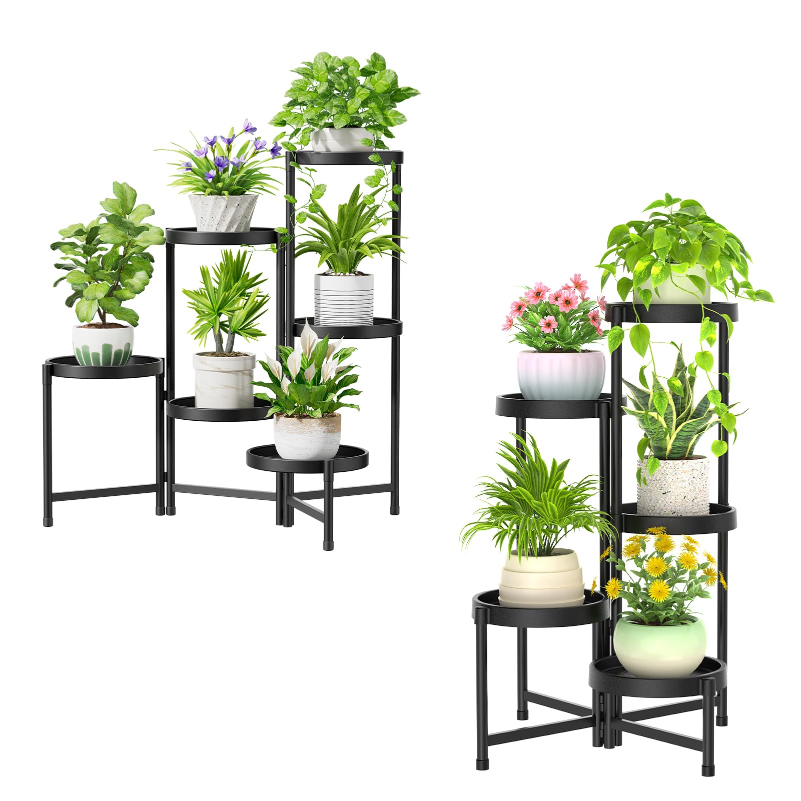 iDavosic.ly 2 Pack Black Foldable Plant Stand Indoor Outdoor, 6 Tier Large Corner Flower Pot Holders and 5 Layer Metal Plastic Tall Orchid Display Rack for Window Porch Garden Balcony Patio
