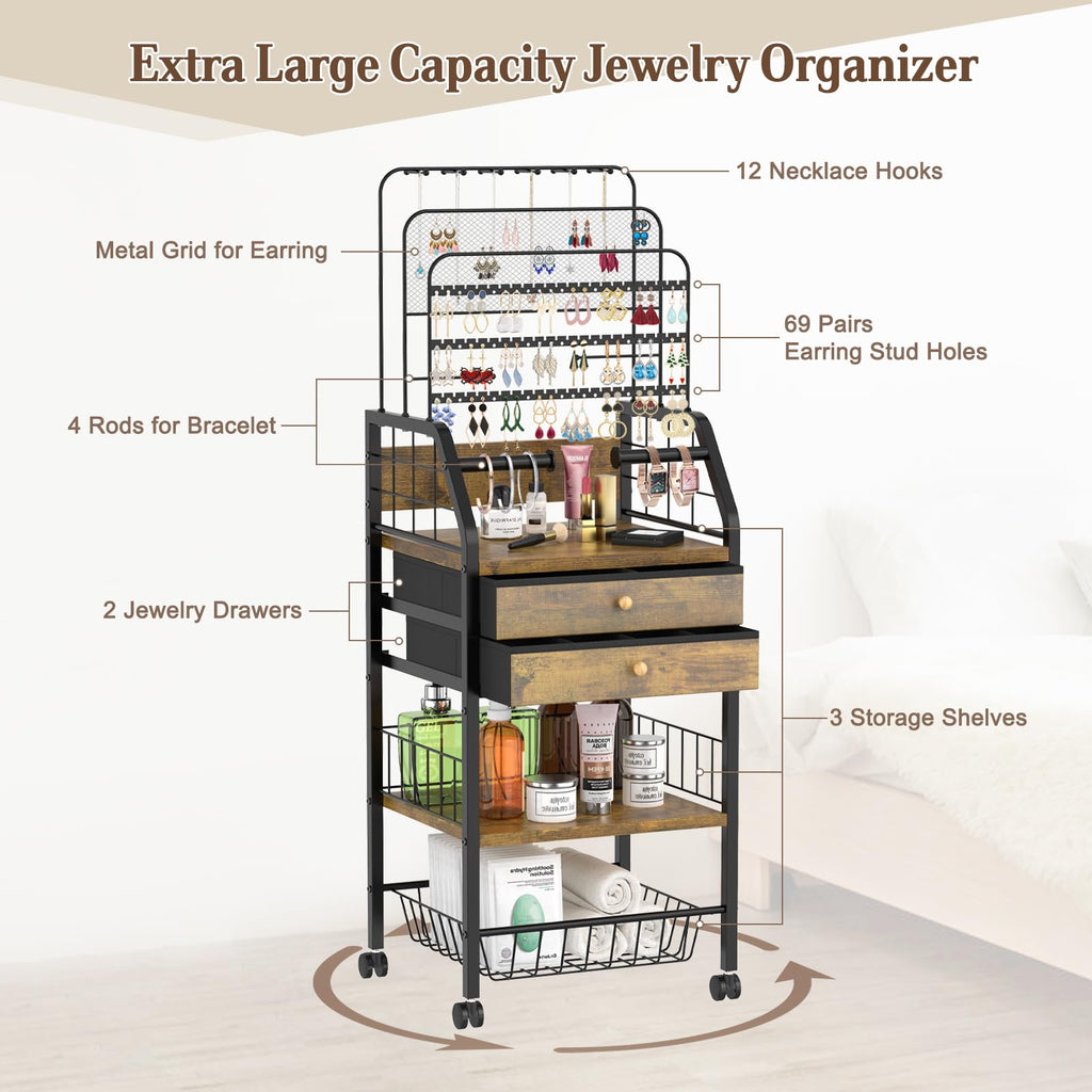 iDavosic.ly Large Jewelry Holder Organizer with 2 Box Drawer, Metal Earring Stand with 2 Storage Basket, Necklace Bracelet Ring Display Armoire, Black and Brown