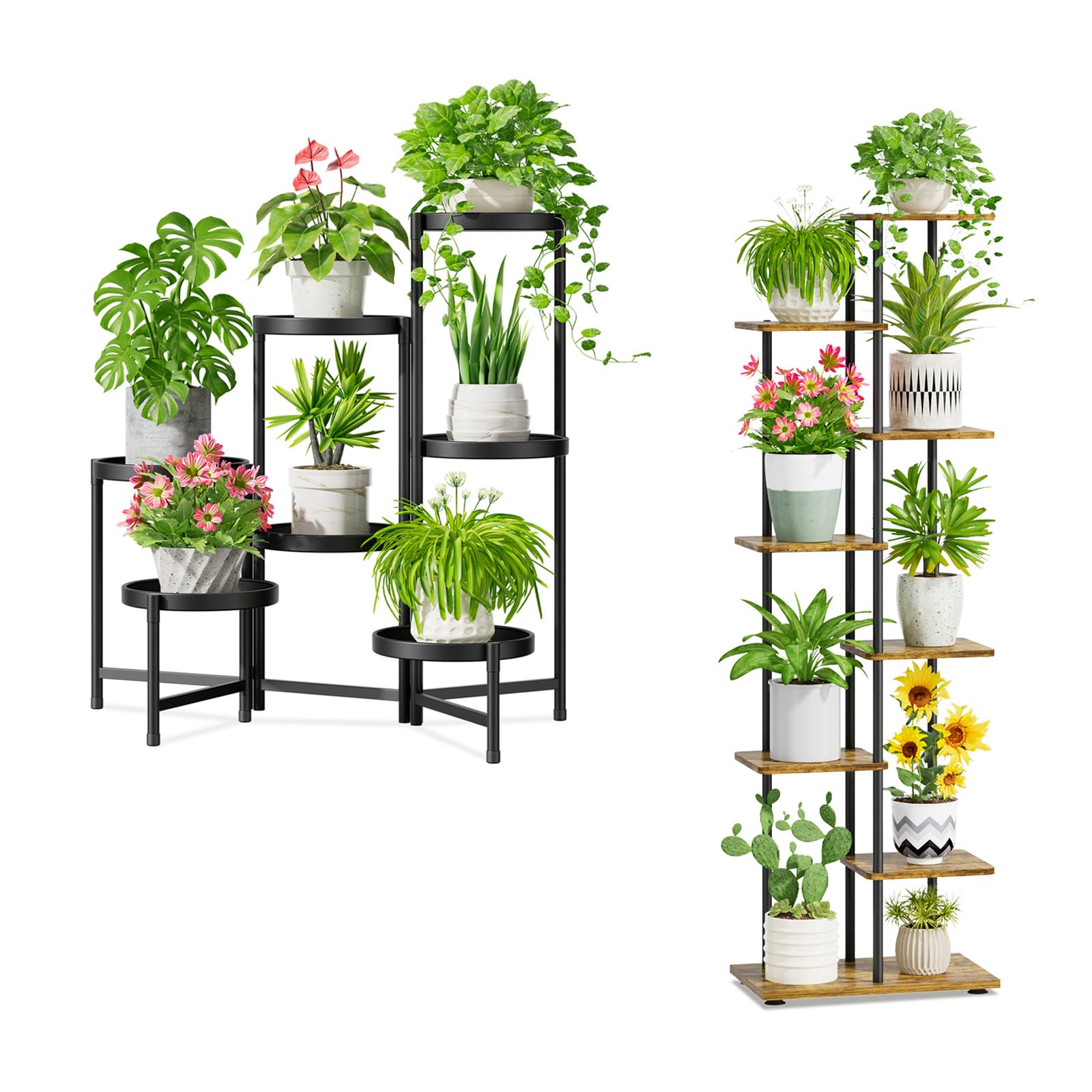 iDavosic.ly 7 Tier Plant Stand Indoor Outdoor Set of 2, Large Foldable Corner Flower Pot Holder Shelf and Metal Wood 58 Inch Tall Orchid Display Rack for Patio Porch Living Room Garden Balcony, Black