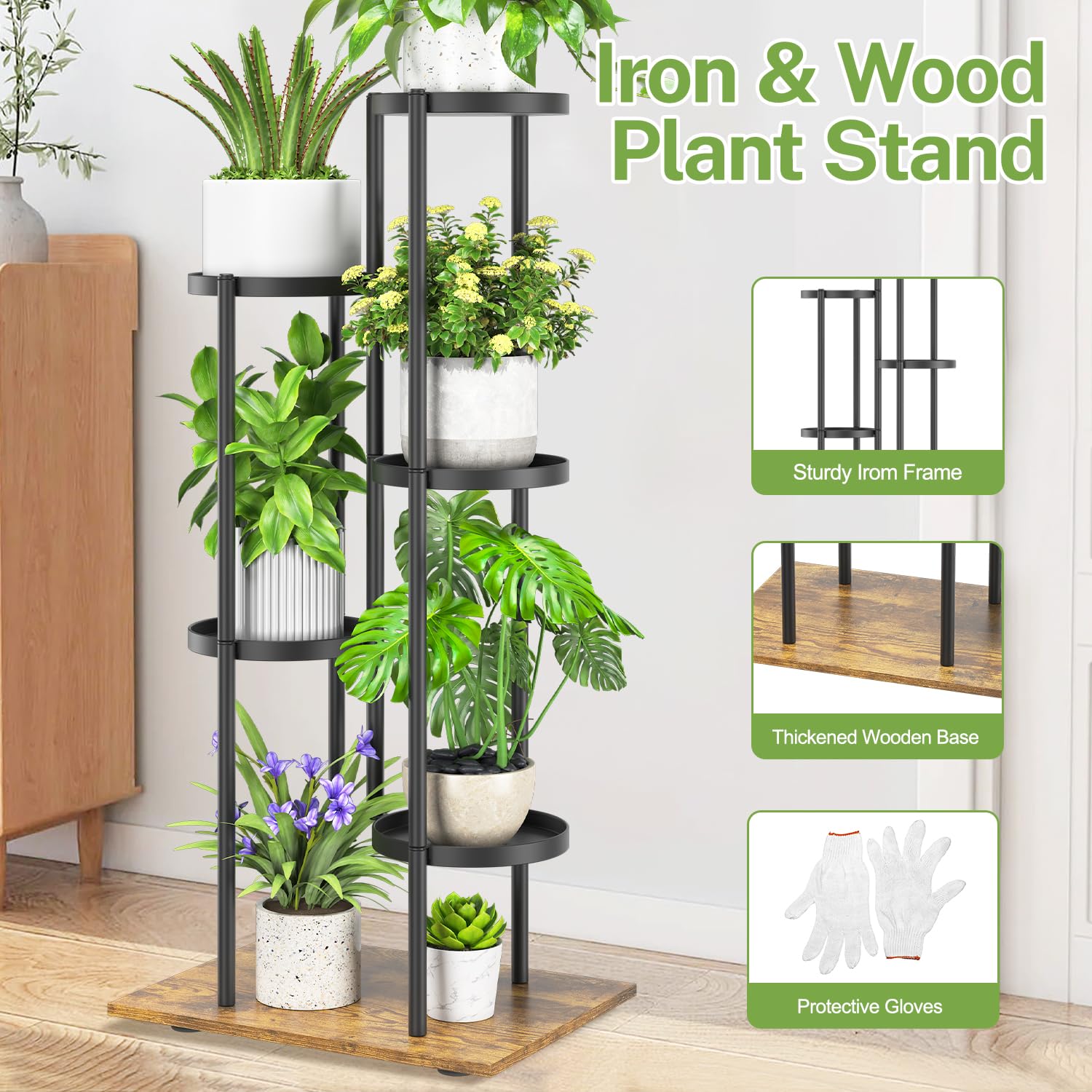 iDavosic.ly Metal Plant Stand Indoor Outdoor Set of 2, Wrought Iron Corner Flower Pot Holder Table Shelf and 5 Layer Display Rack for Patio Porch Living Room Garden Balcony, Black & Brown
